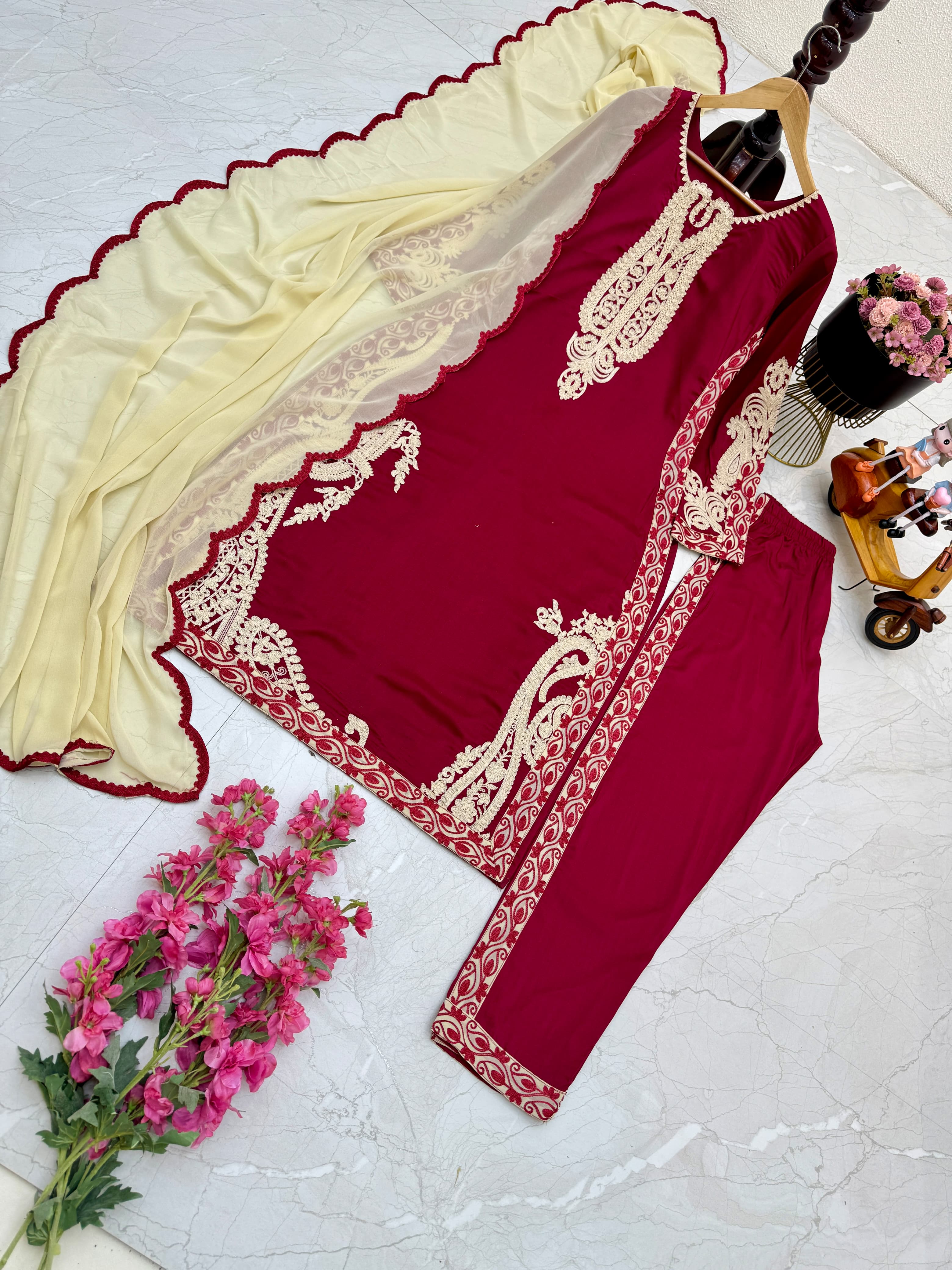 Exclusive Full Stitched Maroon Kurti Pant With Dupatta