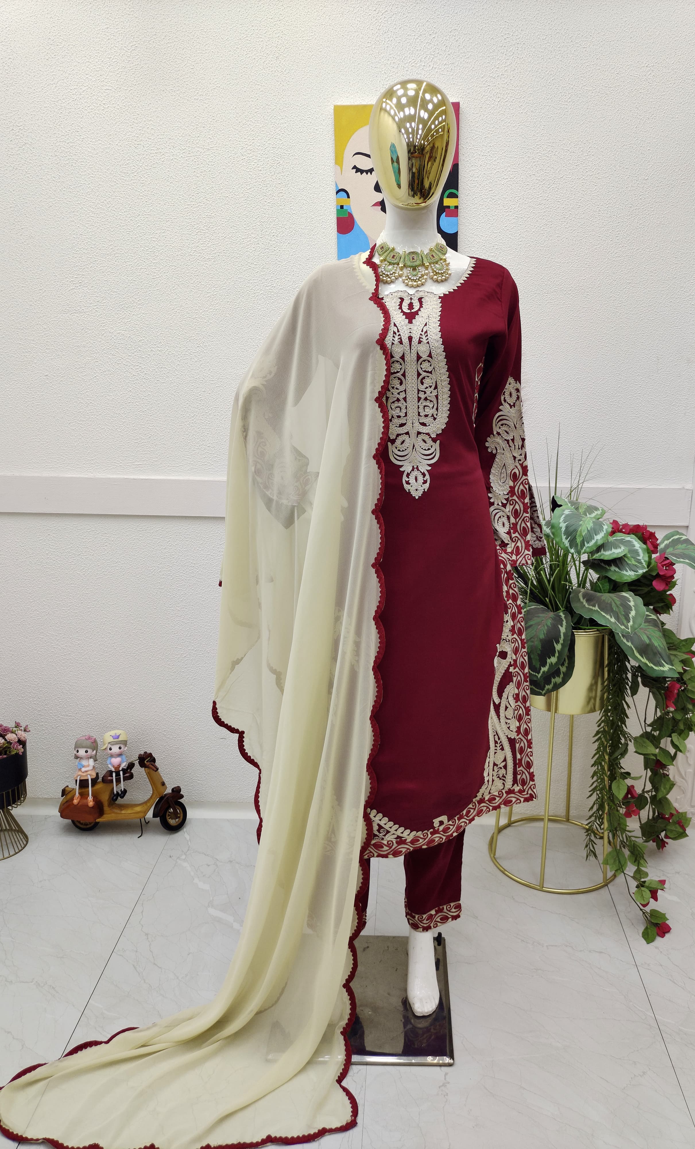 Exclusive Full Stitched Maroon Kurti Pant With Dupatta