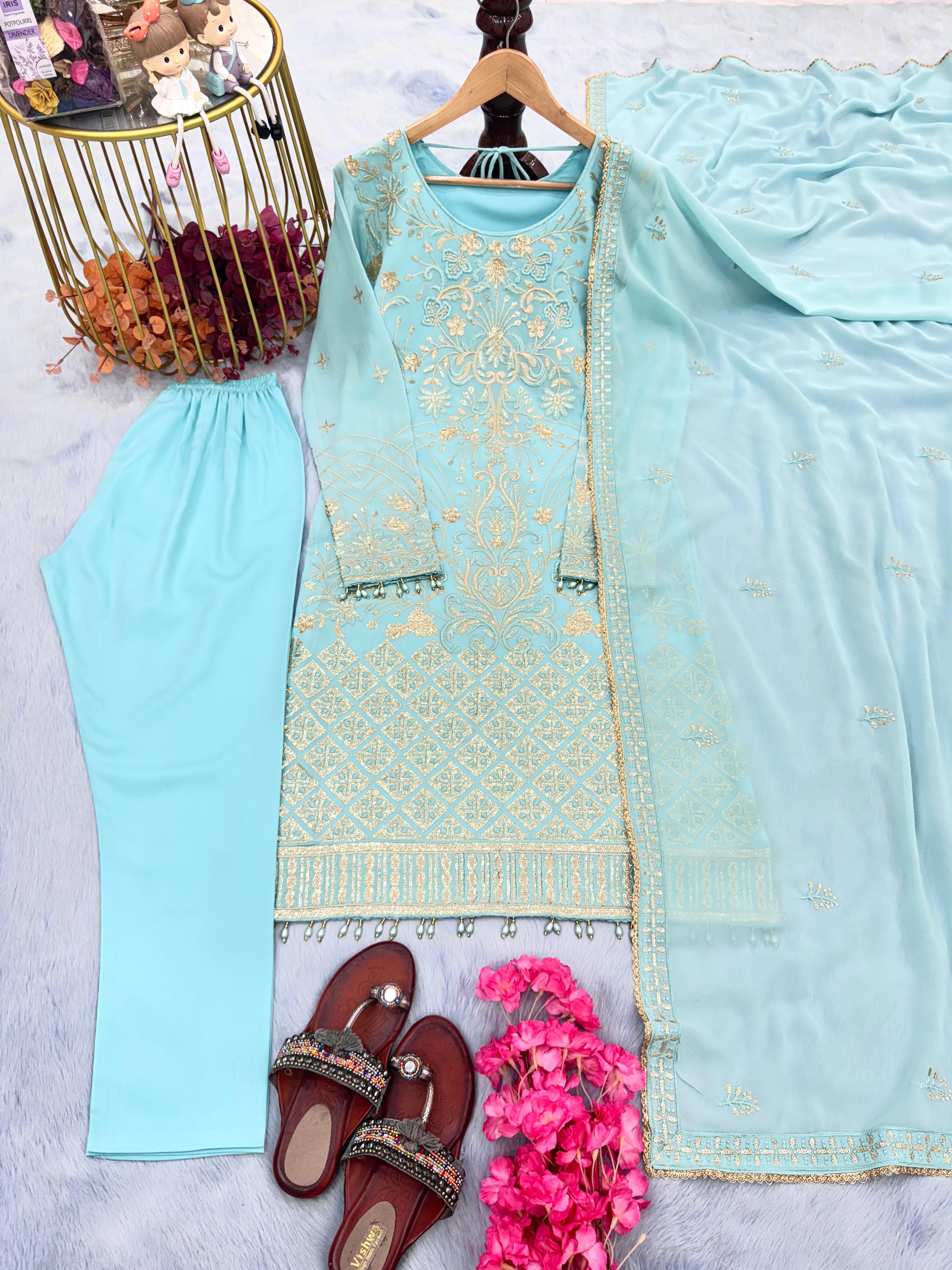 Sky Blue Color Festive Wear Elegant Sequins Work Kurti Set