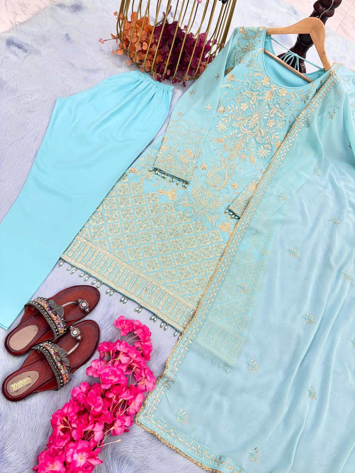 Sky Blue Color Festive Wear Elegant Sequins Work Kurti Set