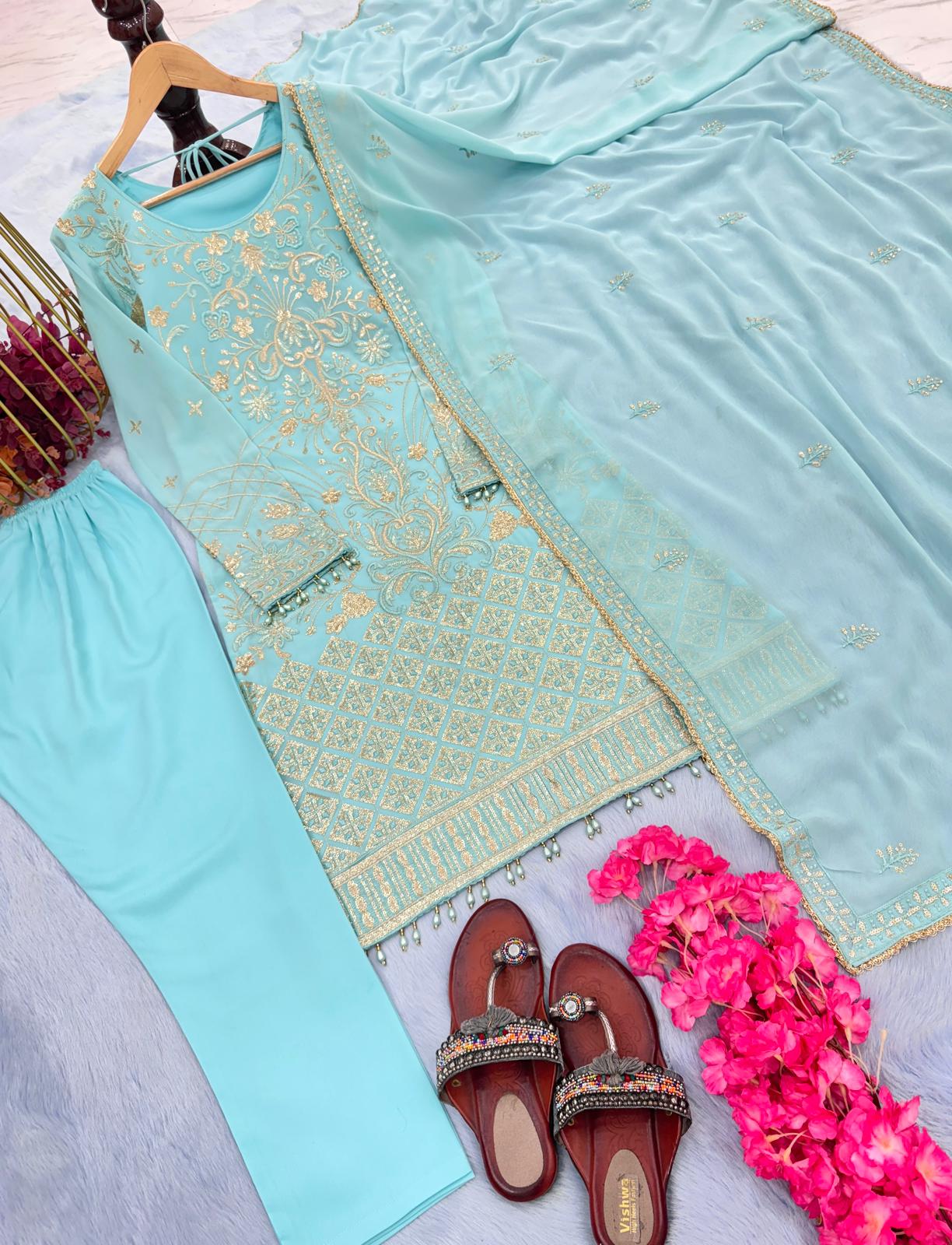 Sky Blue Color Festive Wear Elegant Sequins Work Kurti Set