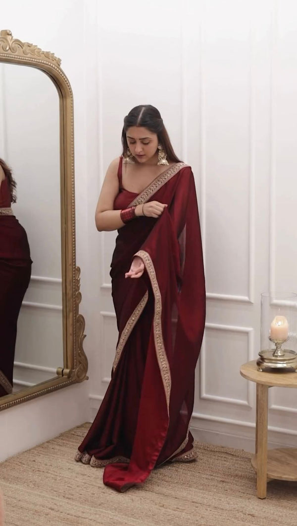 Party Wear Heavy Lace Border Maroon Saree