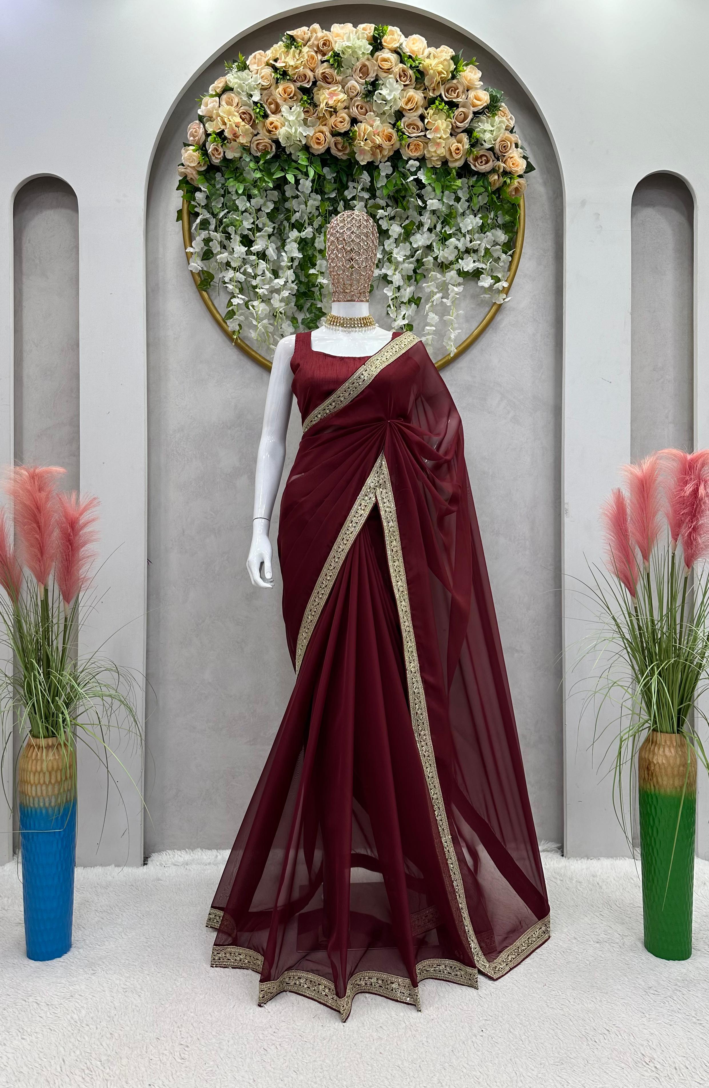 Party Wear Heavy Lace Border Maroon Saree