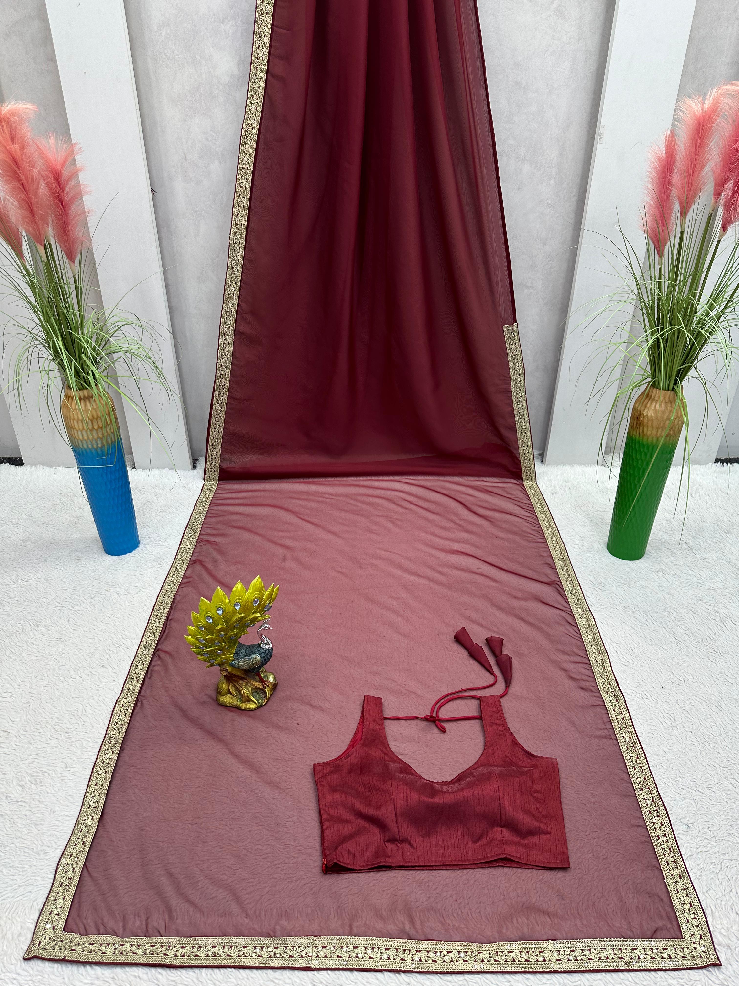 Party Wear Heavy Lace Border Maroon Saree