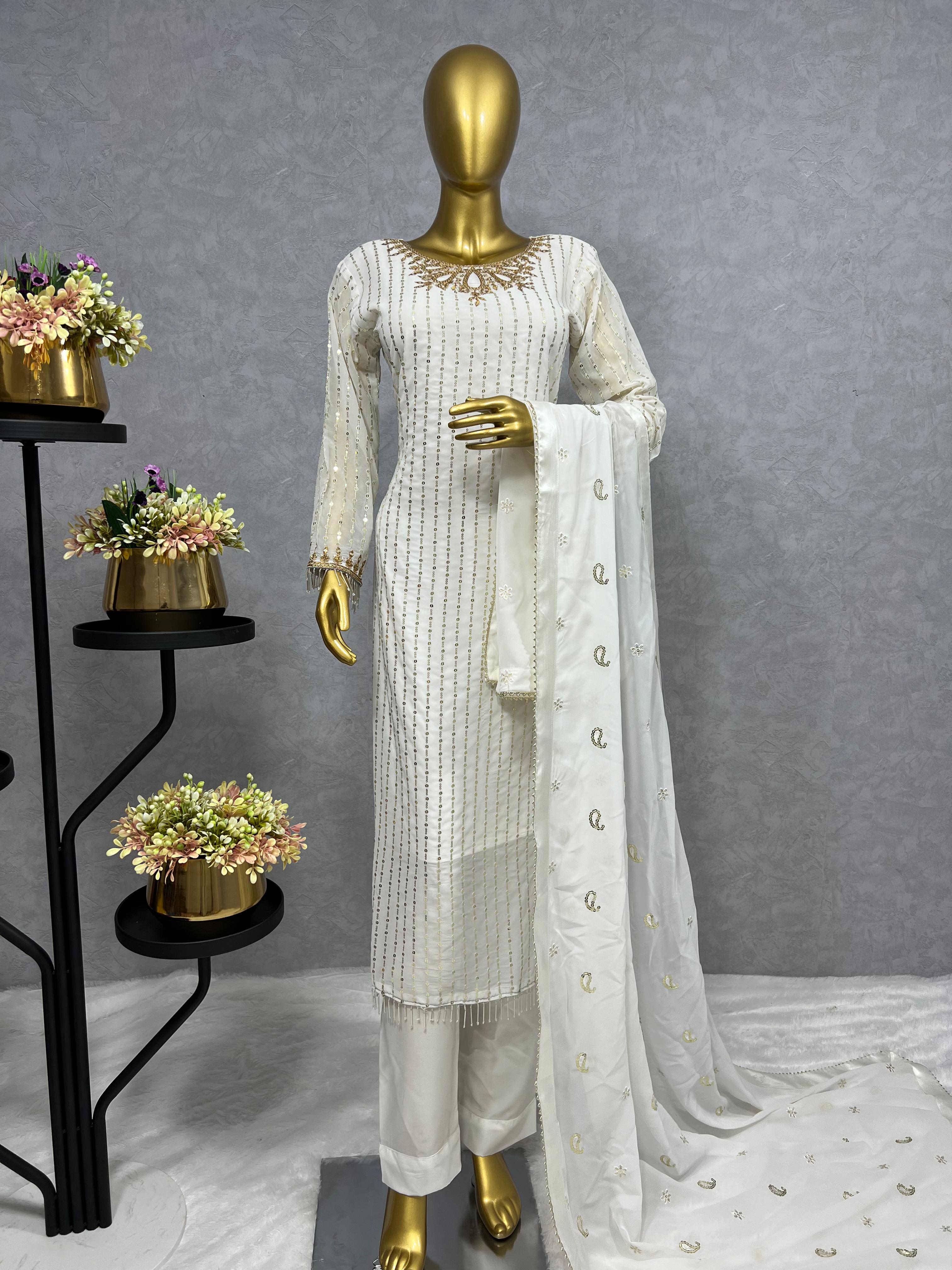 White Kurti Pant And Dupatta Set With Sequins Work