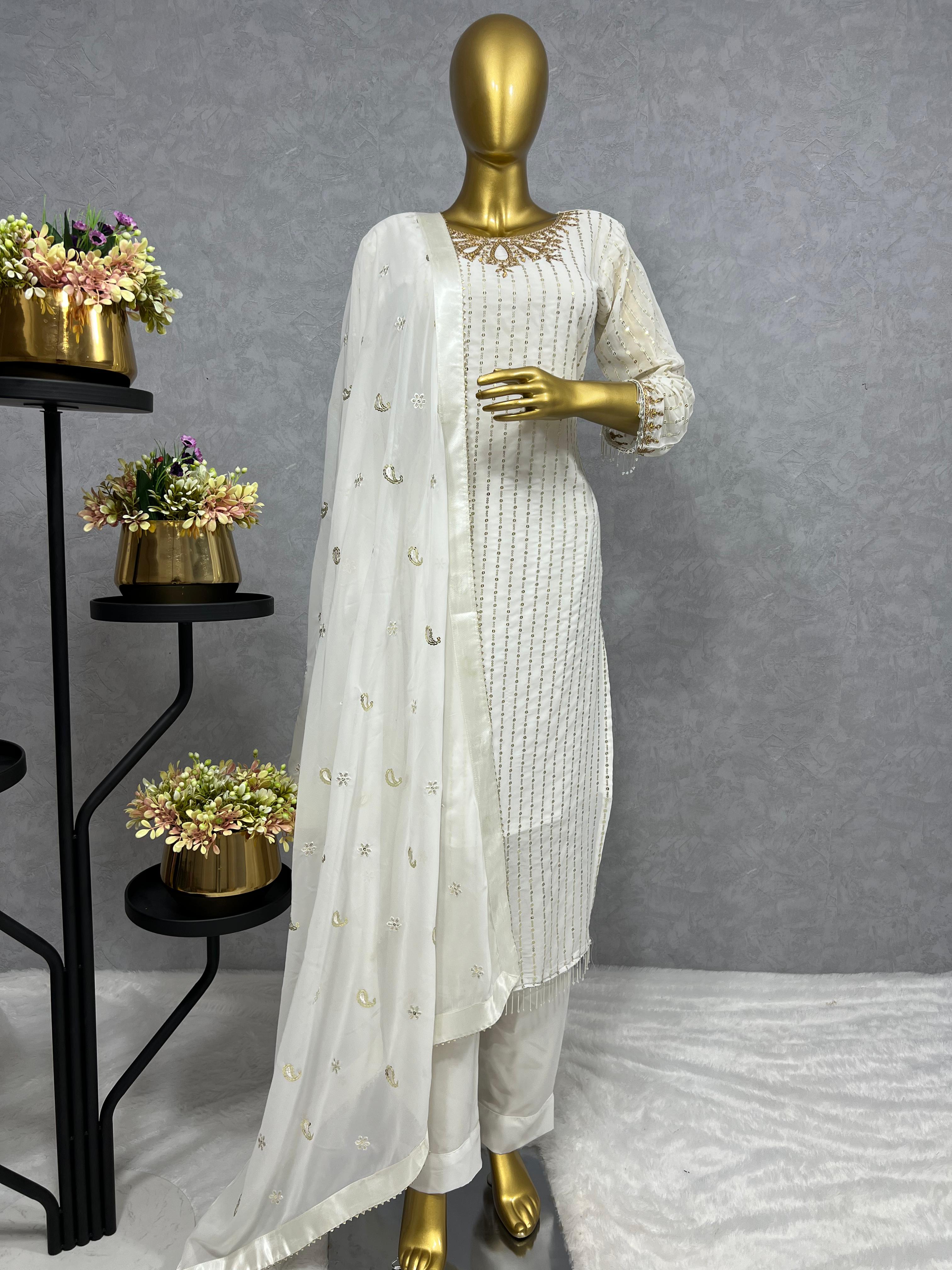 White Kurti Pant And Dupatta Set With Sequins Work