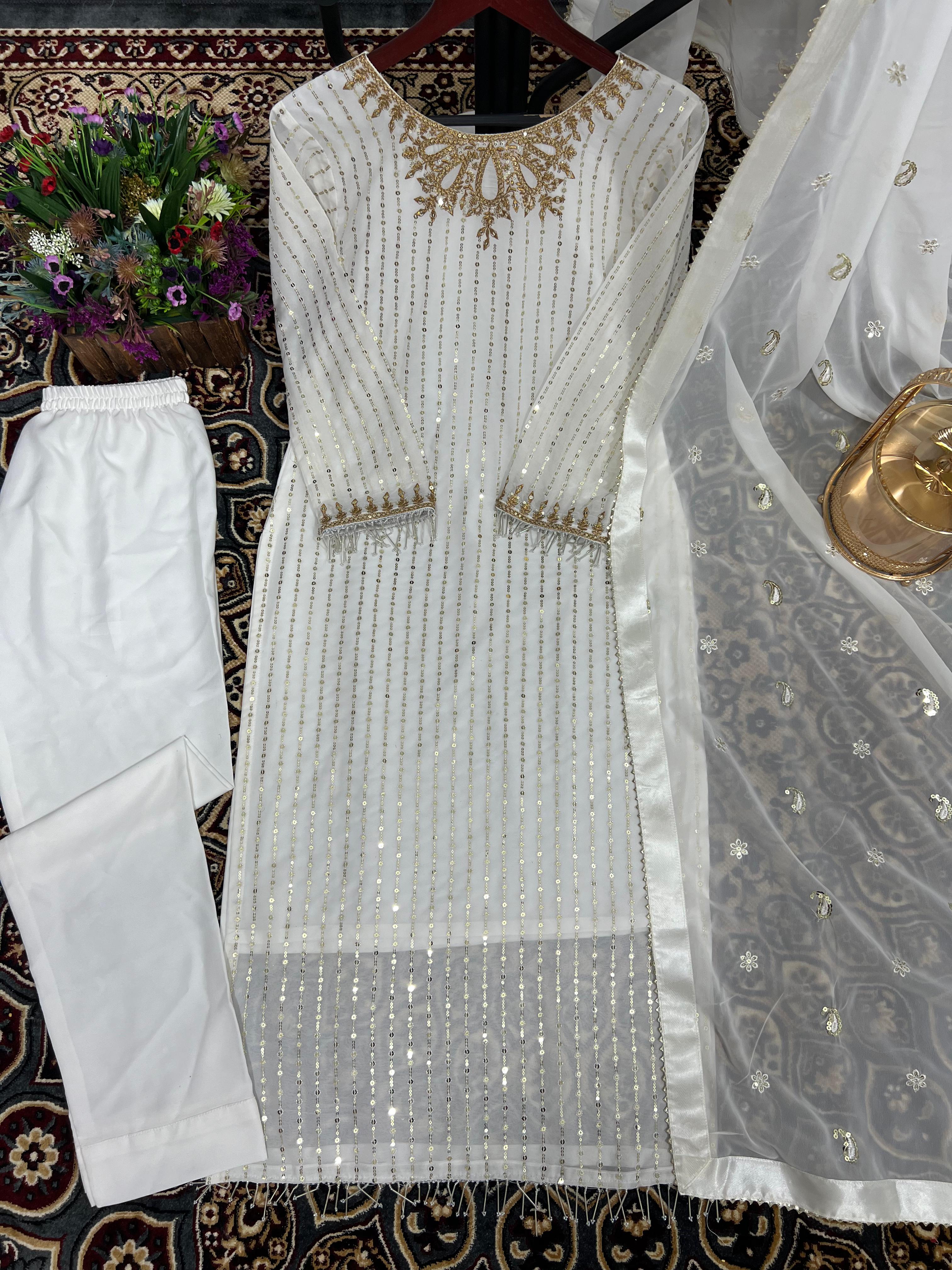 White Kurti Pant And Dupatta Set With Sequins Work