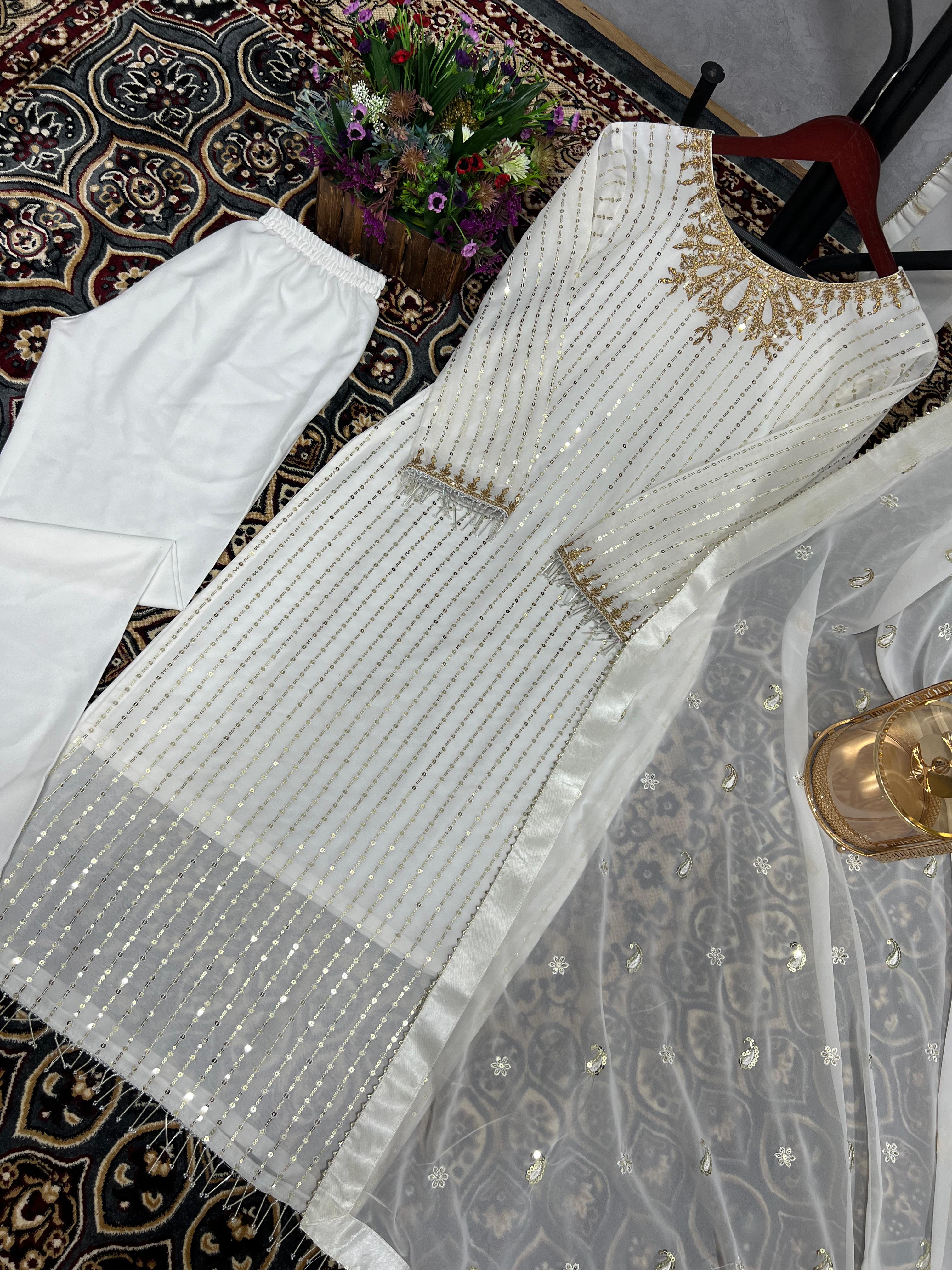 White Kurti Pant And Dupatta Set With Sequins Work