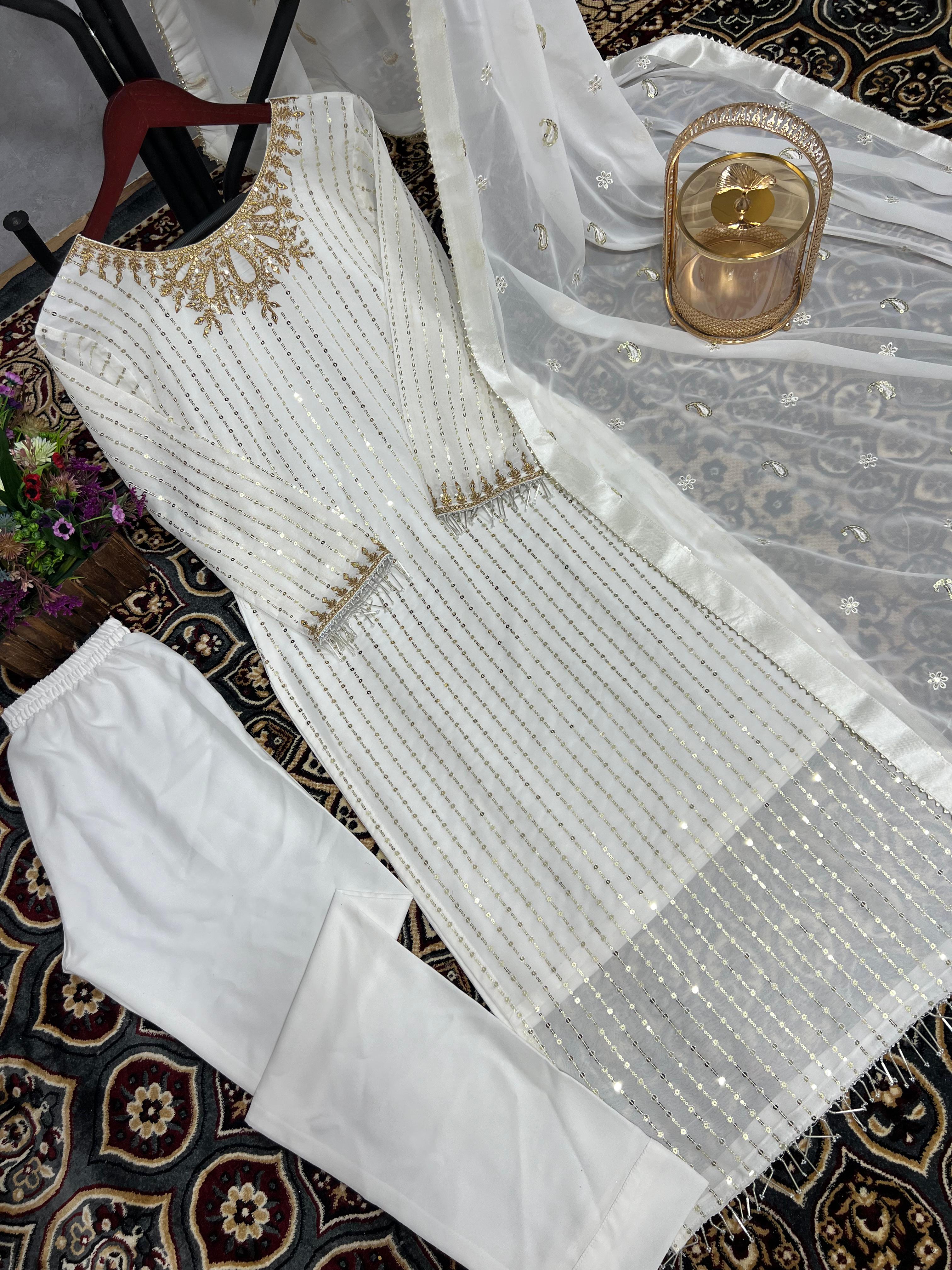 White Kurti Pant And Dupatta Set With Sequins Work