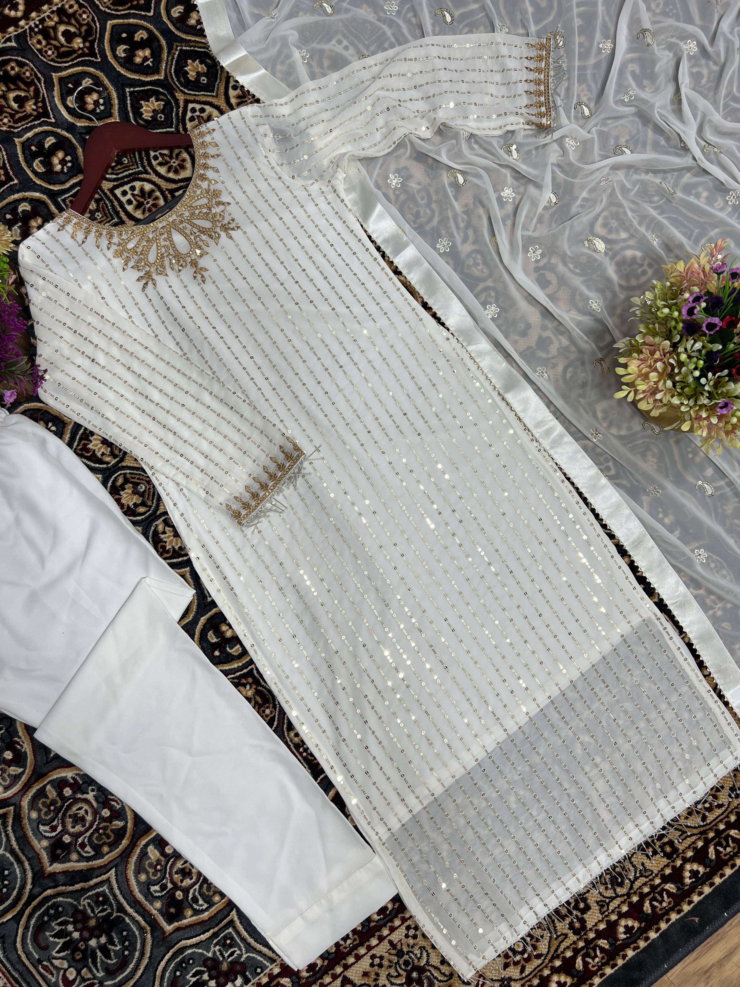 White Kurti Pant And Dupatta Set With Sequins Work