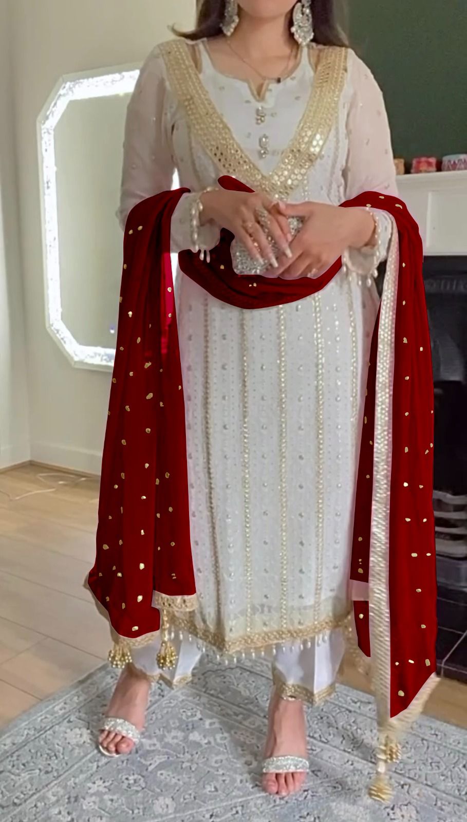 Terrific Embroidered White Salwar Suit With Maroon Dupatta