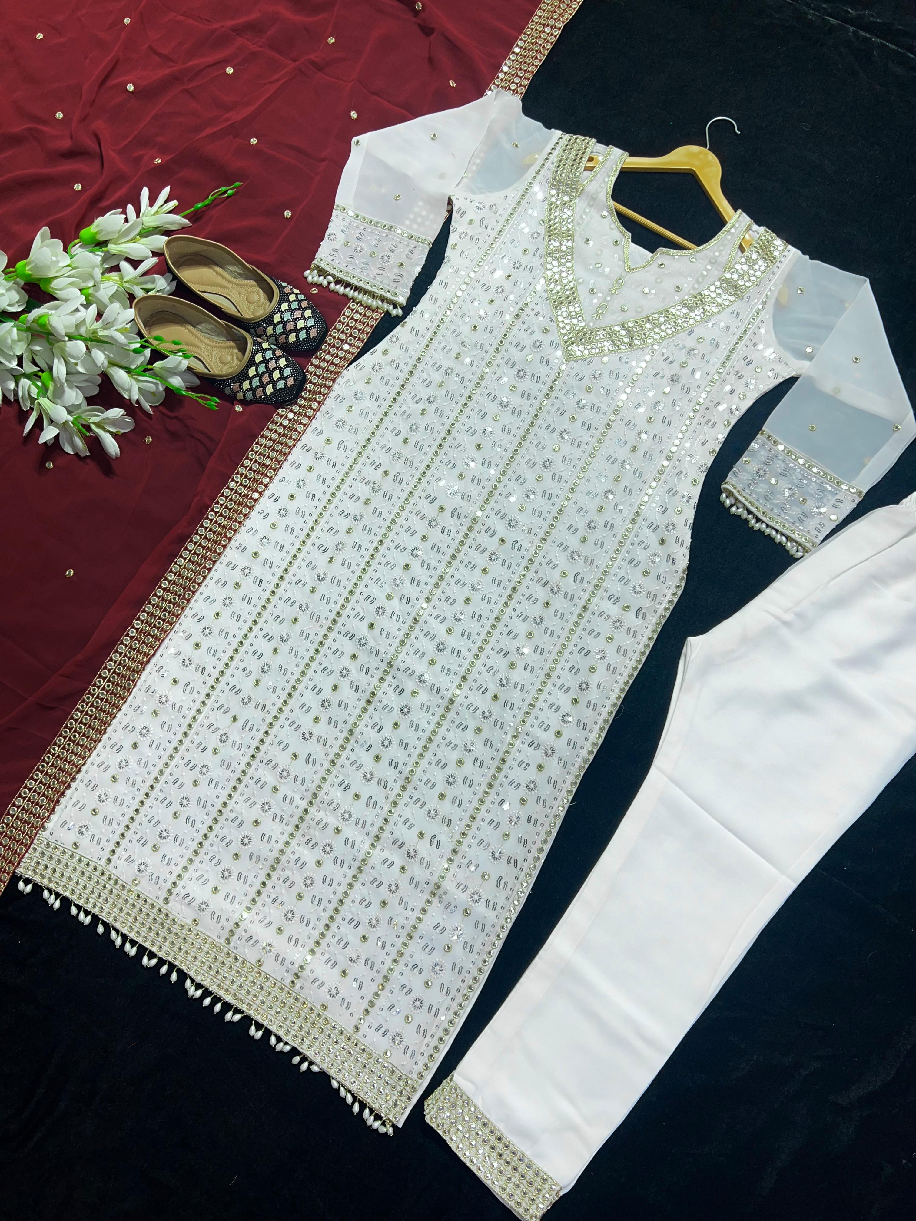 Terrific Embroidered White Salwar Suit With Maroon Dupatta