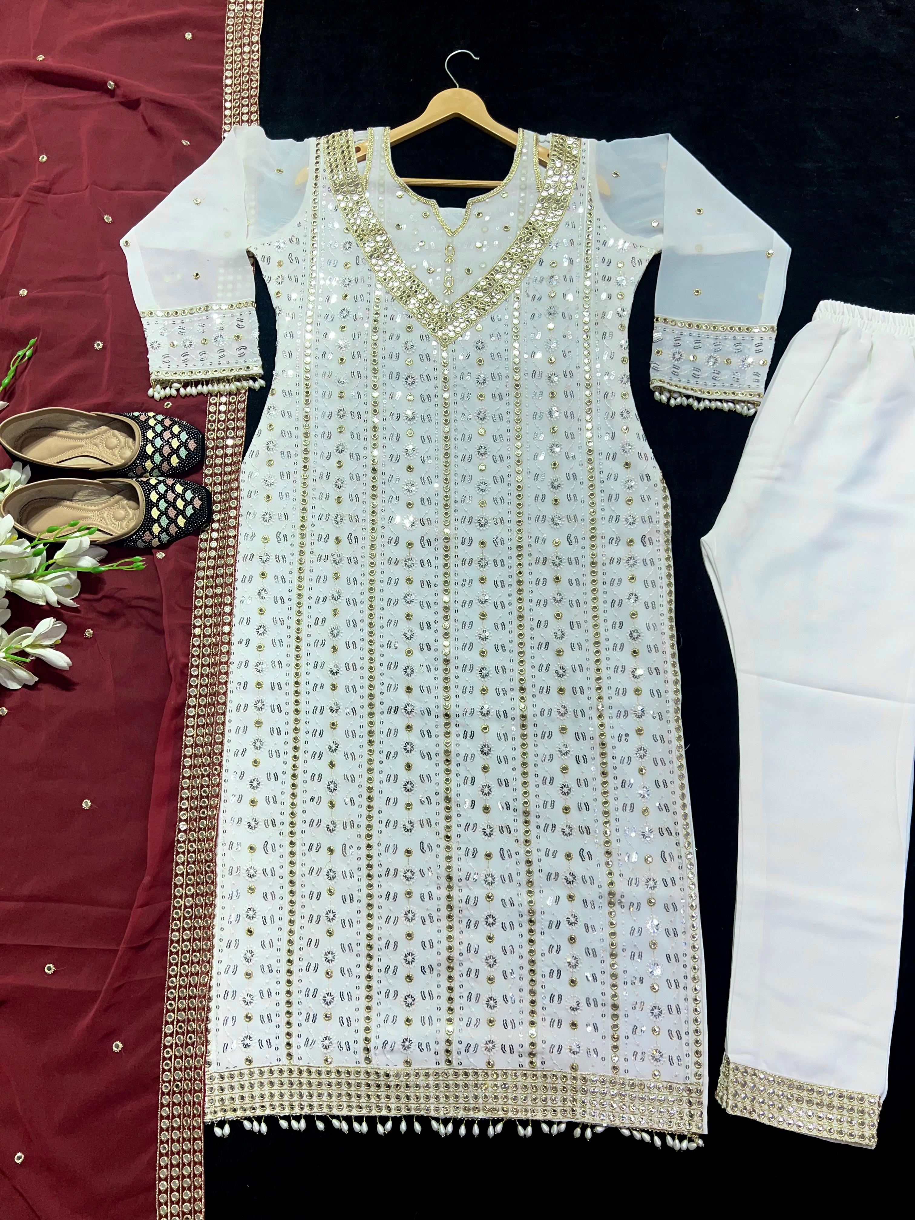 Terrific Embroidered White Salwar Suit With Maroon Dupatta