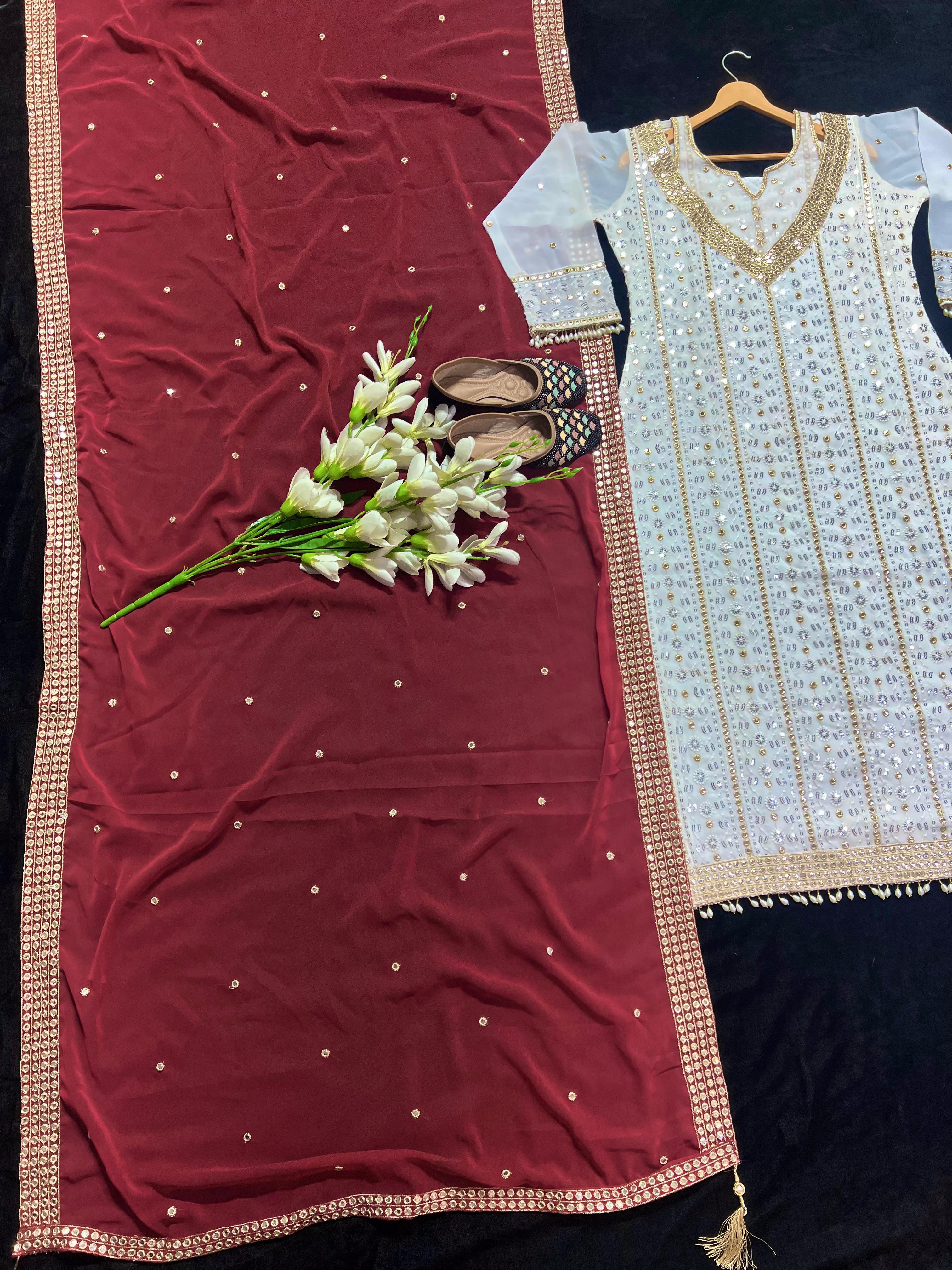 Terrific Embroidered White Salwar Suit With Maroon Dupatta