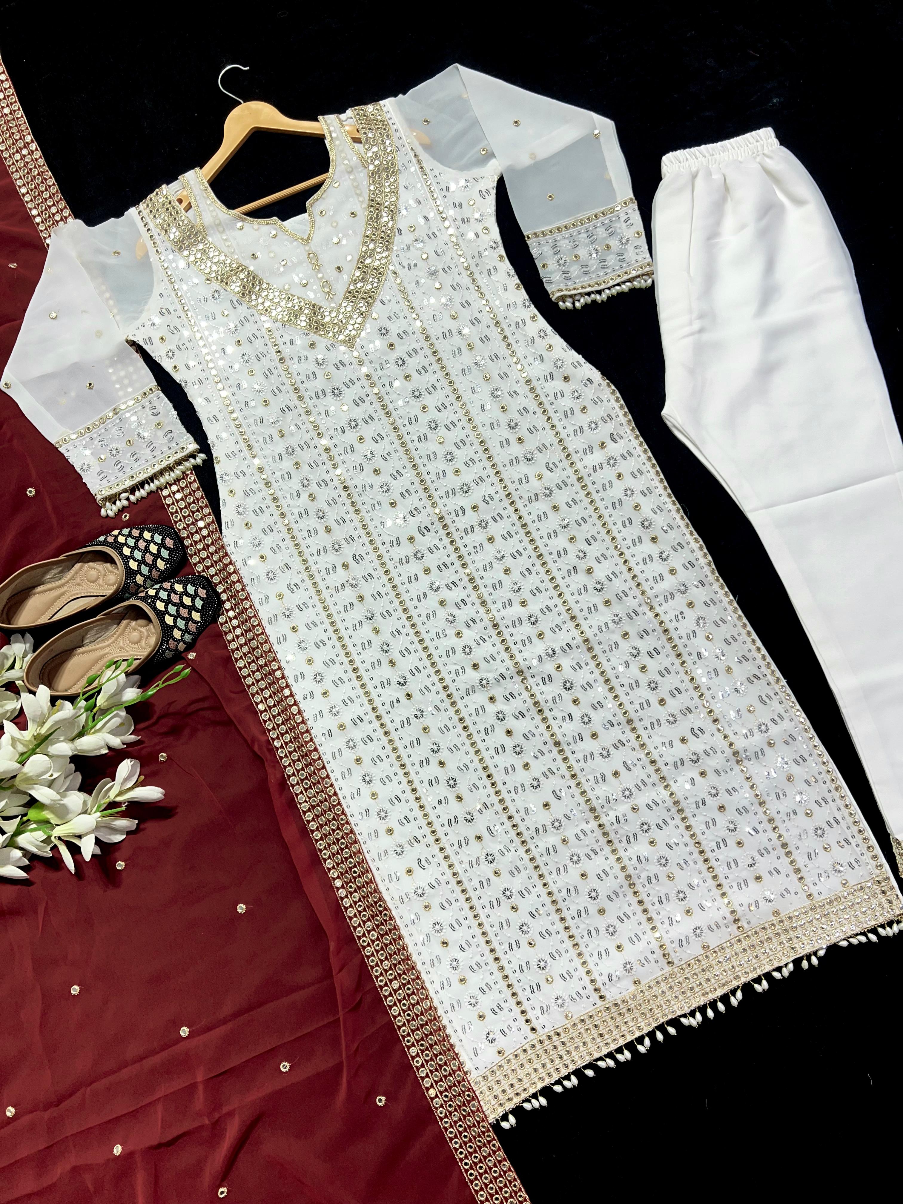 Terrific Embroidered White Salwar Suit With Maroon Dupatta