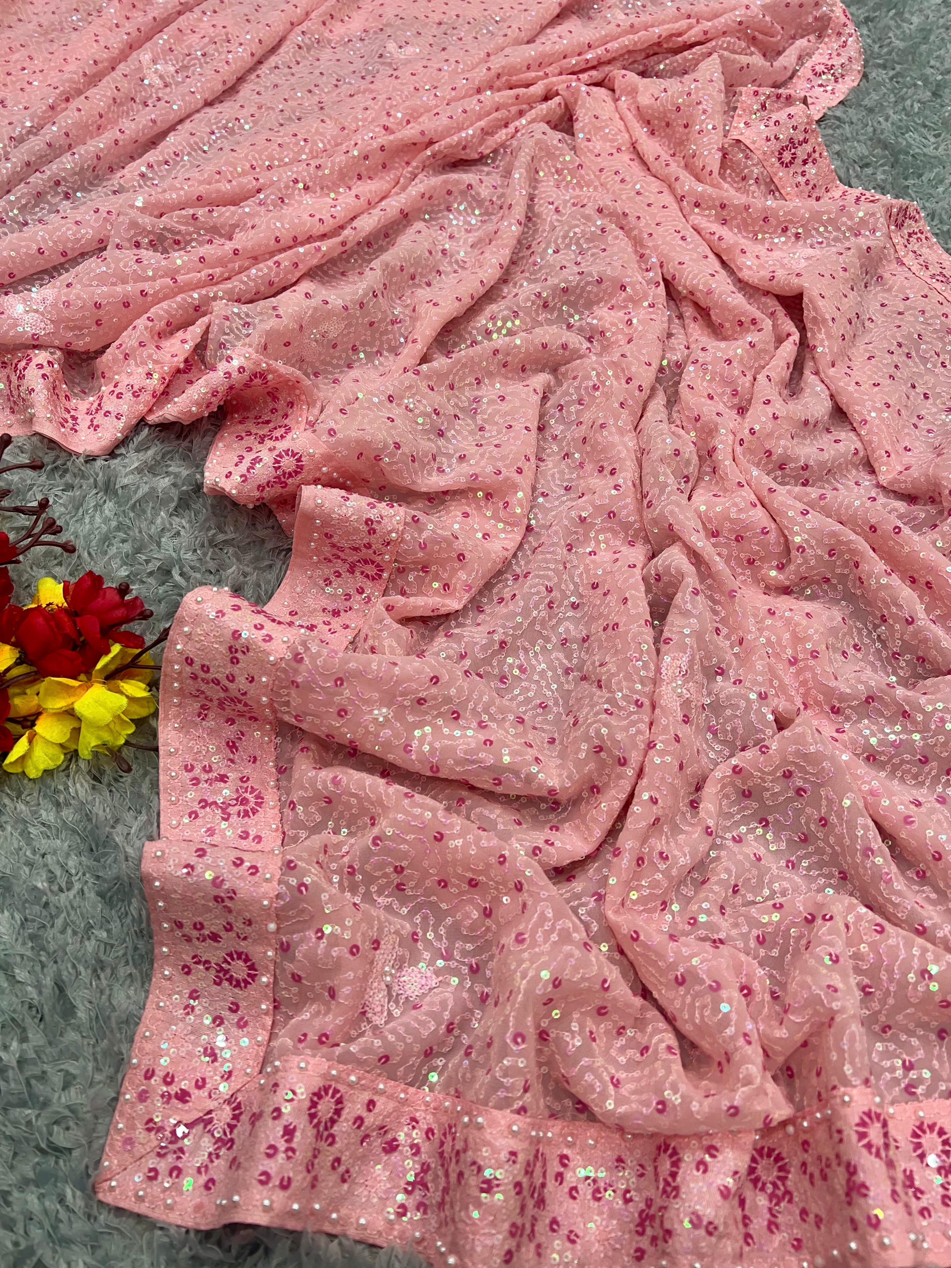 Perfect Peach Color Heavy Sequins Embroidery Saree