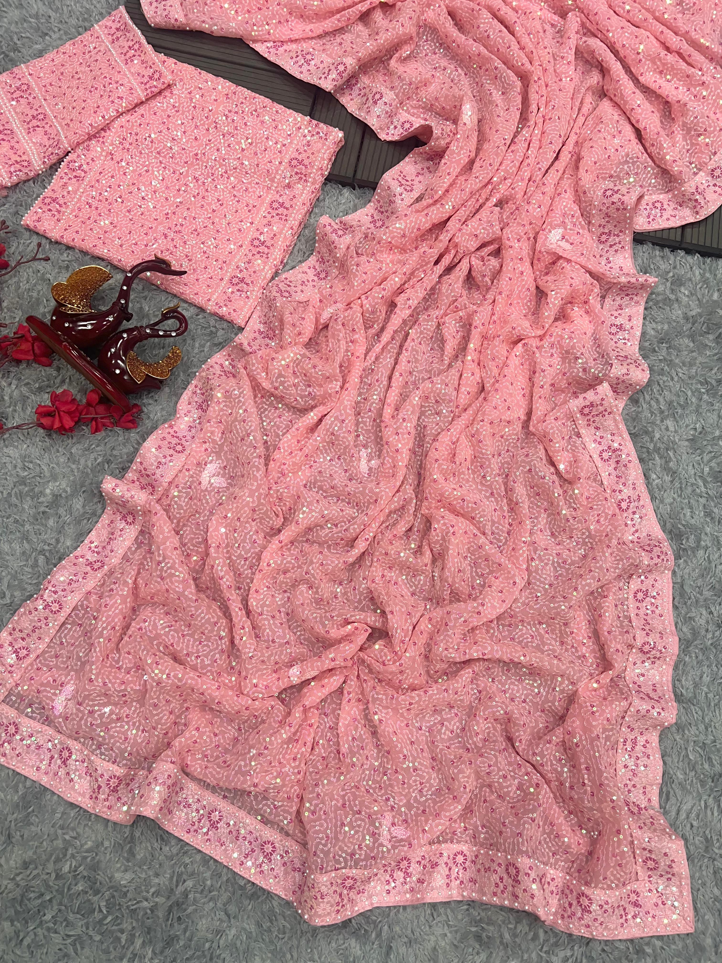 Perfect Peach Color Heavy Sequins Embroidery Saree