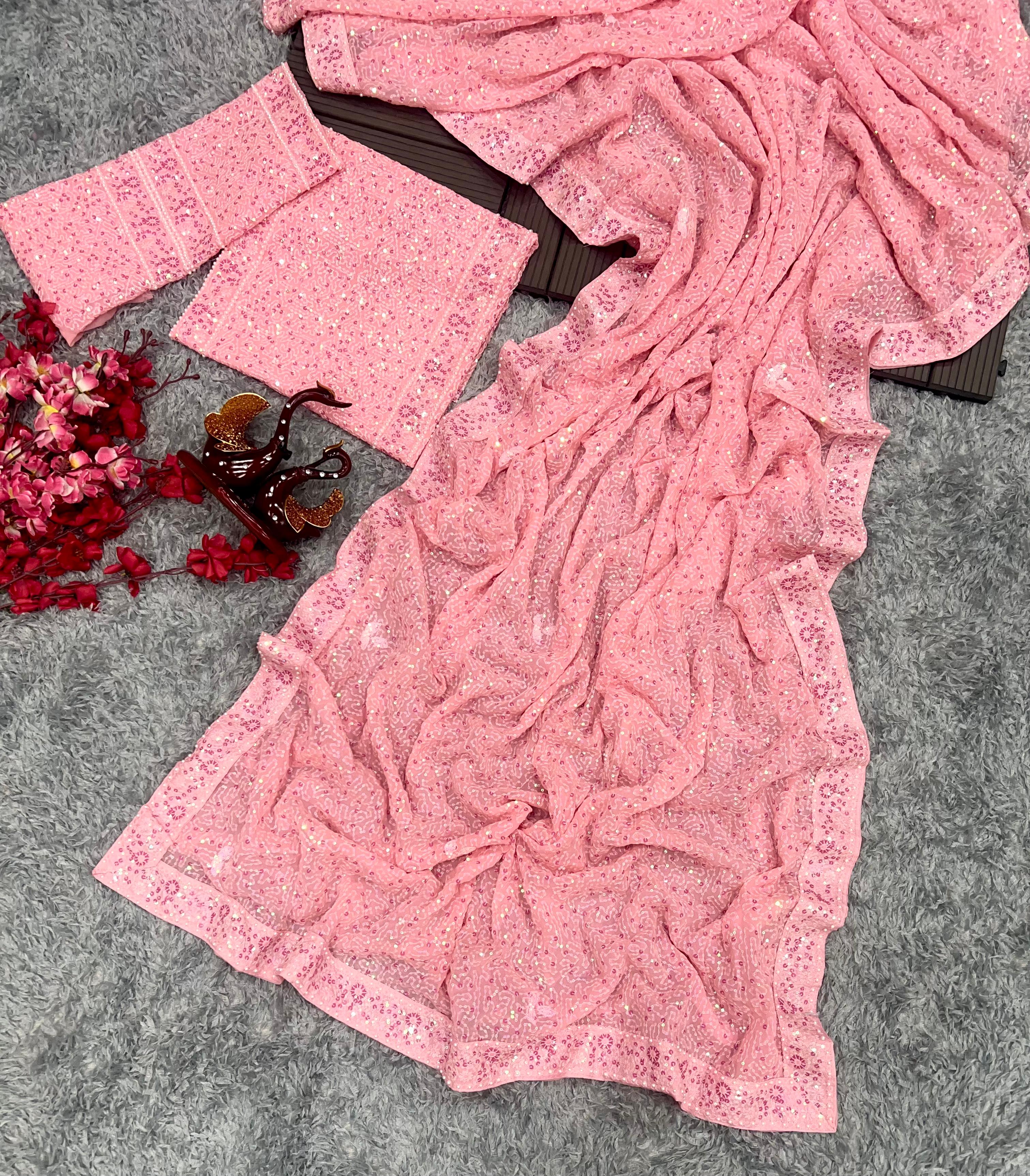 Perfect Peach Color Heavy Sequins Embroidery Saree
