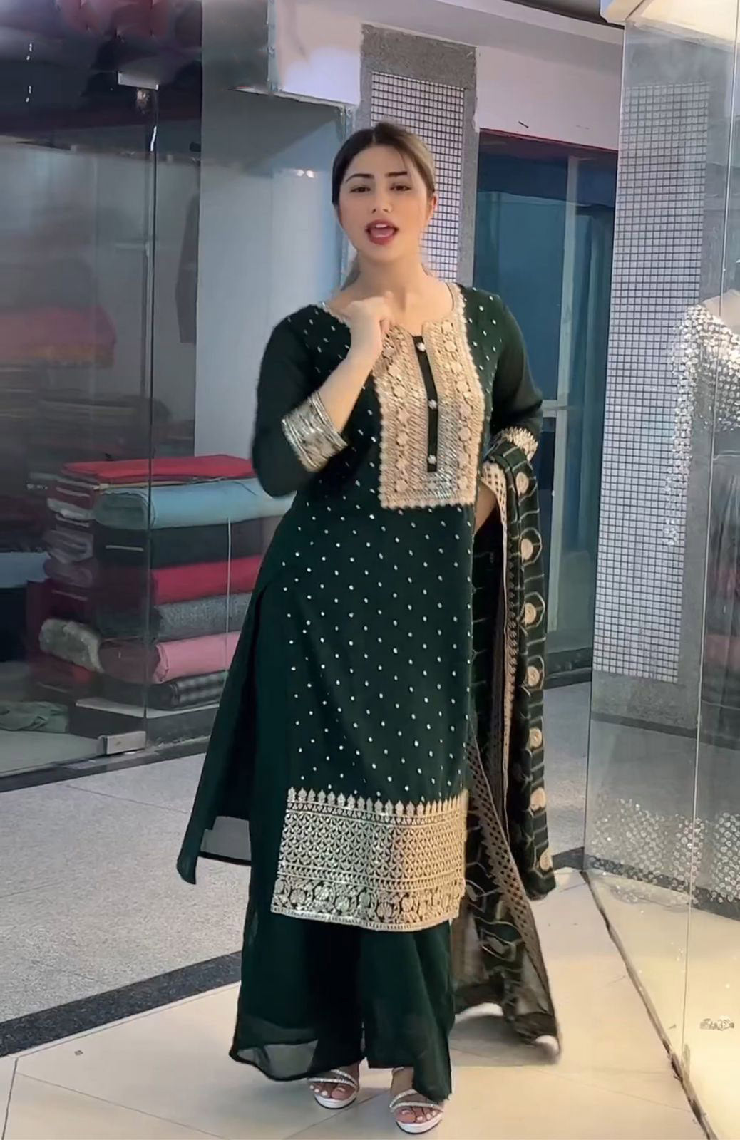 Sequence Embroidery Work Dark Green Color Sharara Suit