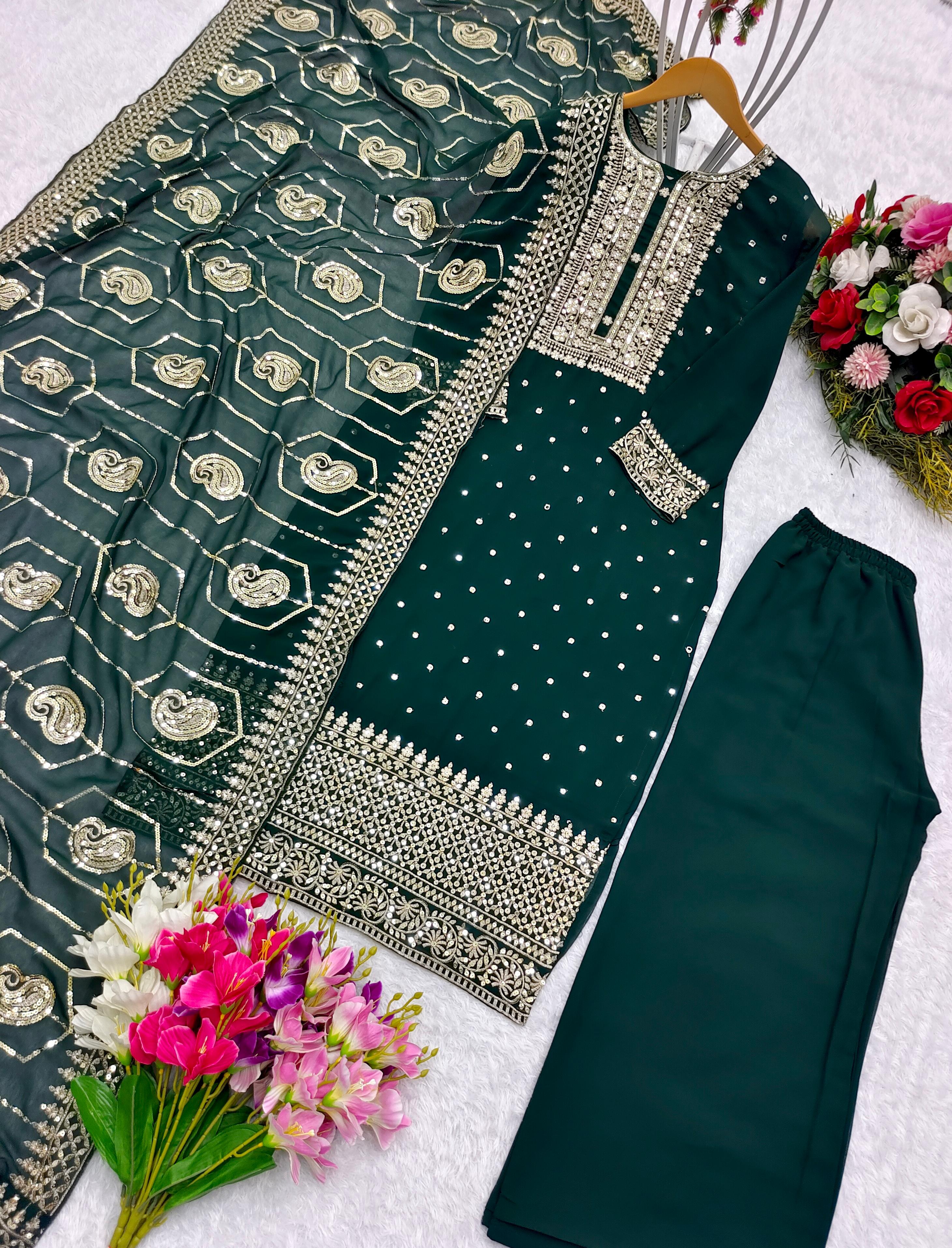 Sequence Embroidery Work Dark Green Color Sharara Suit