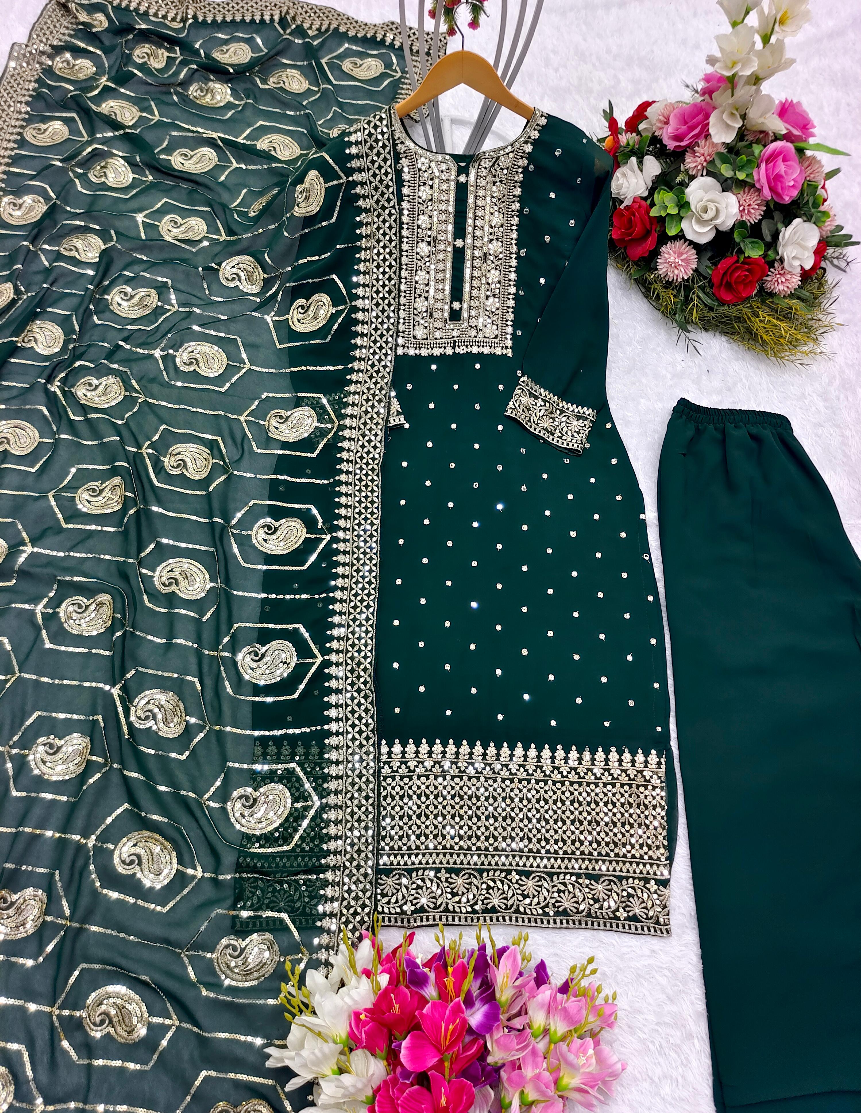 Sequence Embroidery Work Dark Green Color Sharara Suit