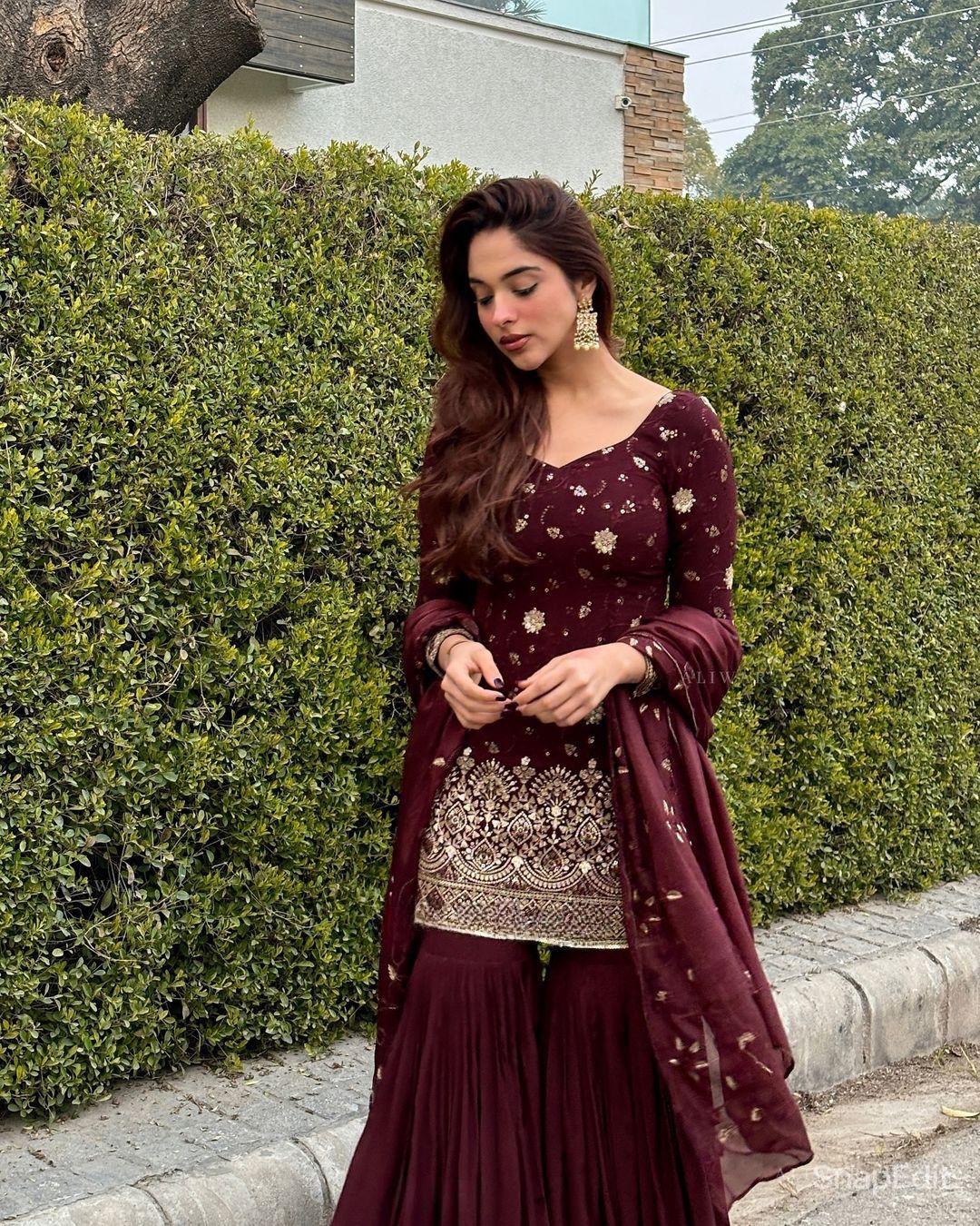 Decent Maroon Sequence Work Ready Made Sharara Suit