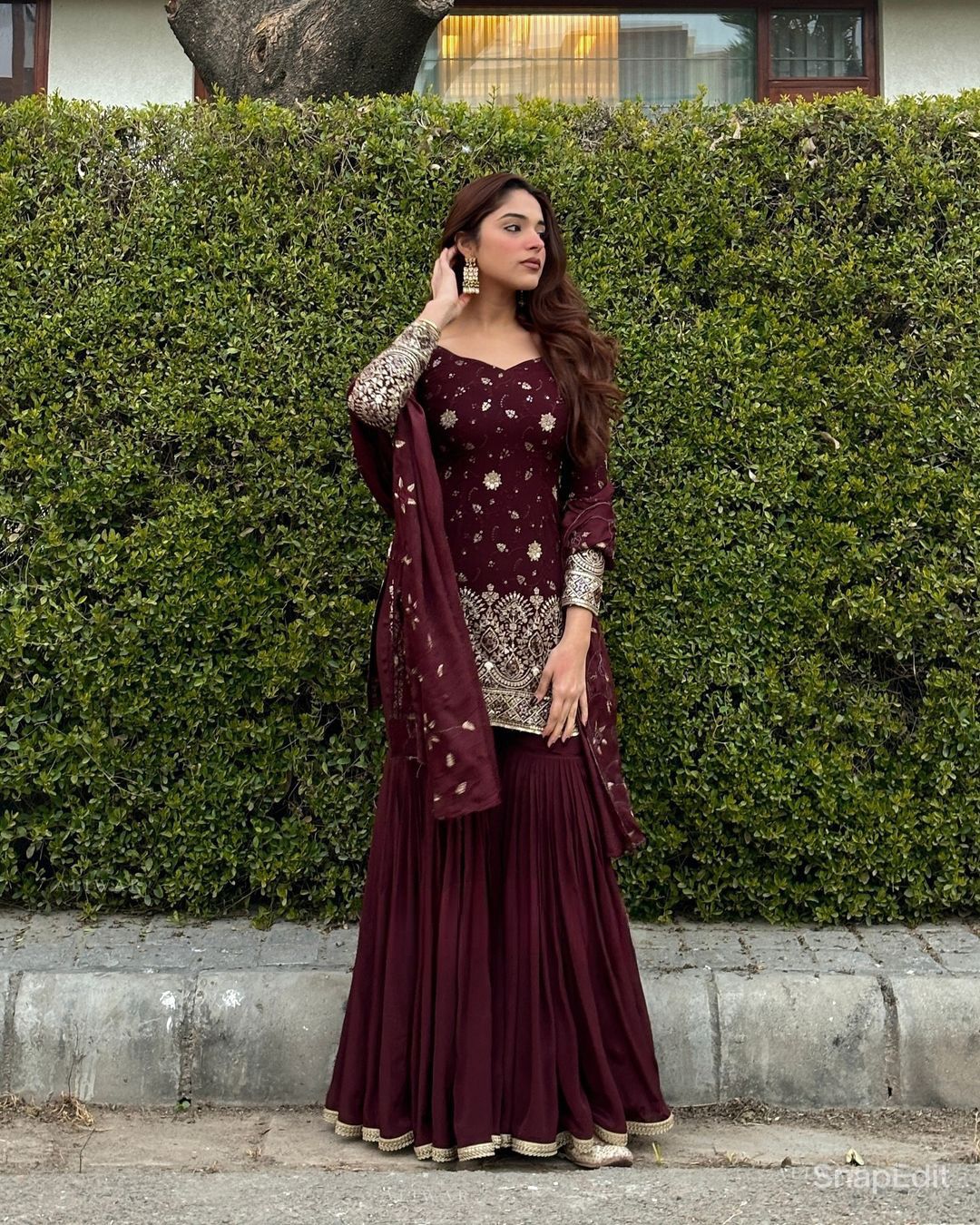 Decent Maroon Sequence Work Ready Made Sharara Suit