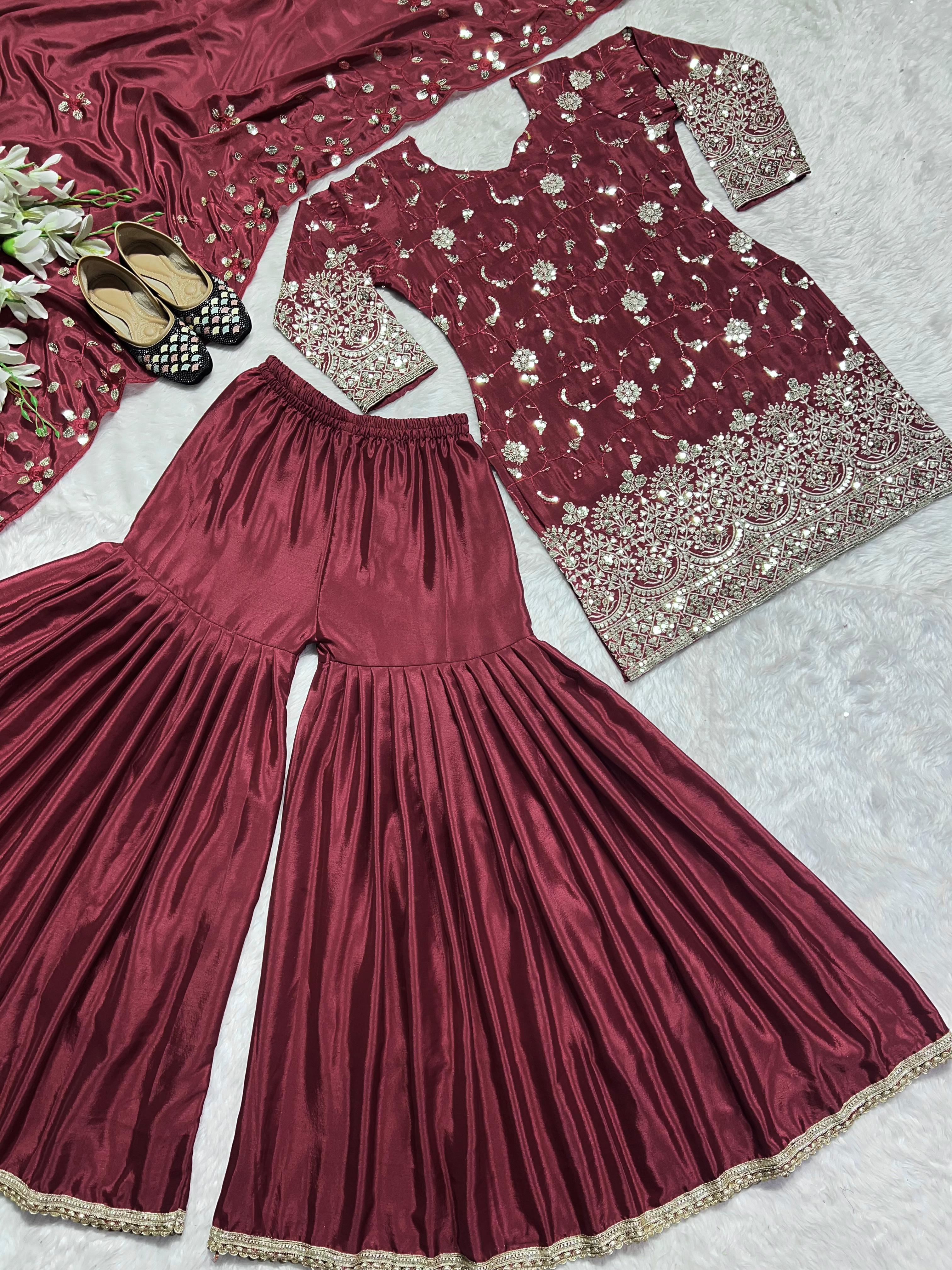 Decent Maroon Sequence Work Ready Made Sharara Suit