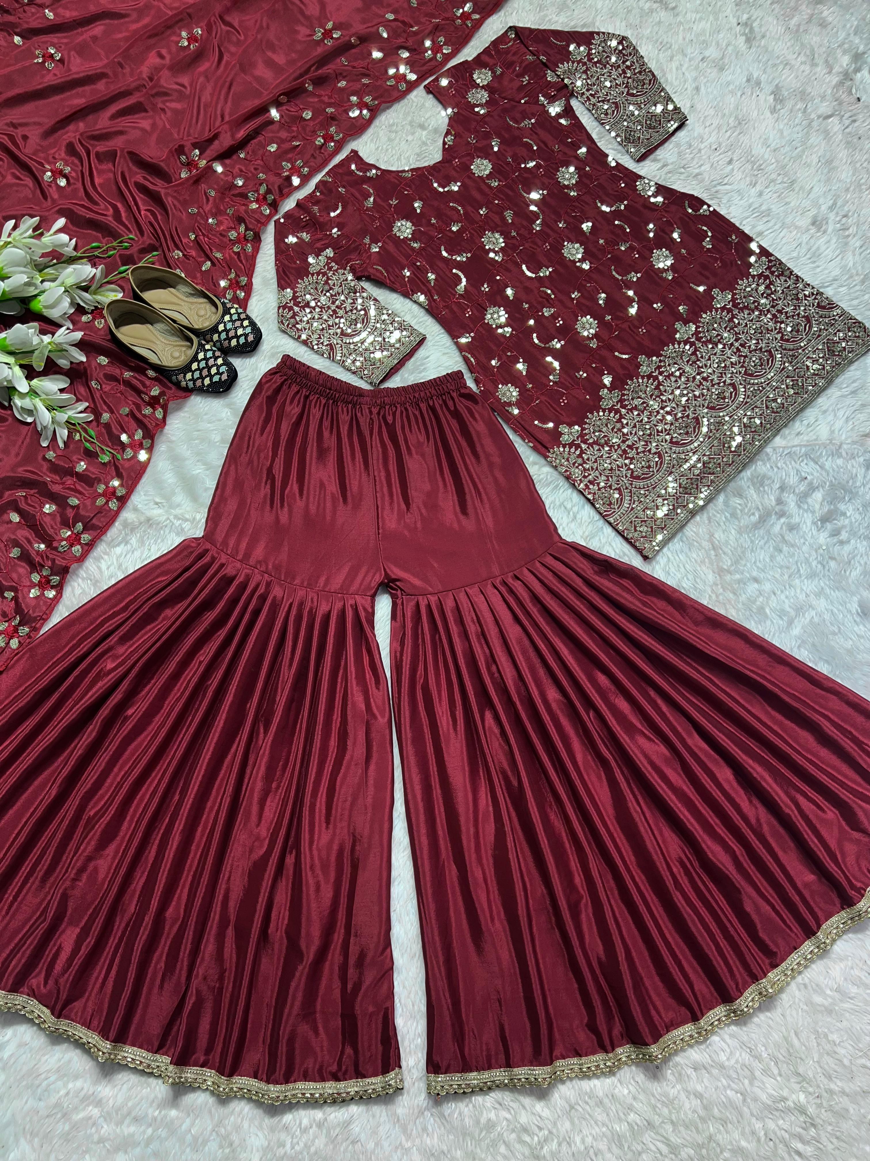 Decent Maroon Sequence Work Ready Made Sharara Suit