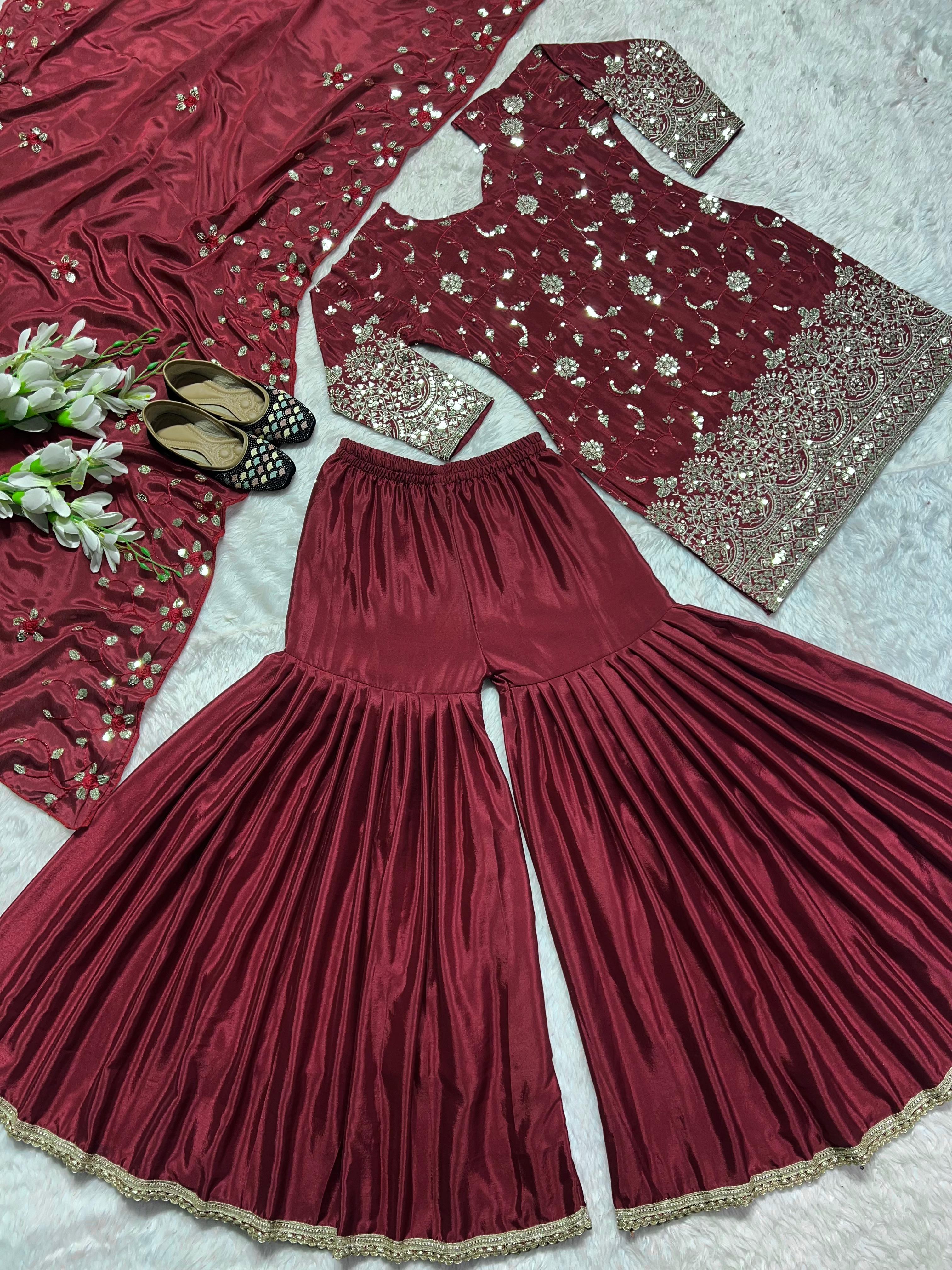 Decent Maroon Sequence Work Ready Made Sharara Suit