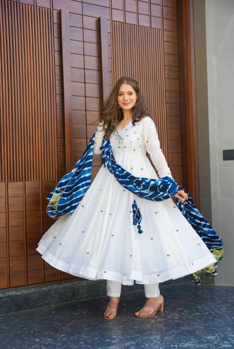 Opulent White Color Gown With Blue Dupatta