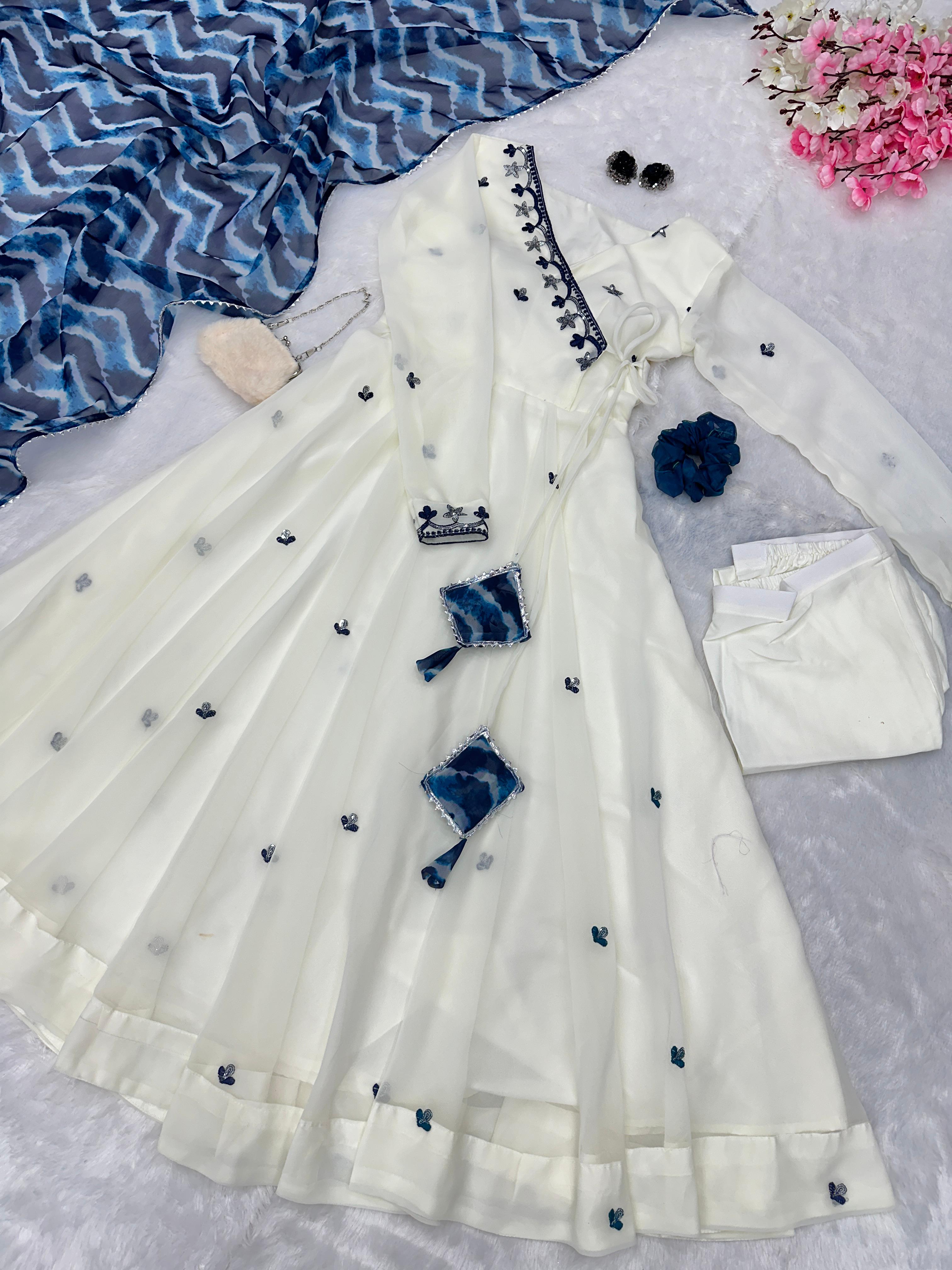 Opulent White Color Gown With Blue Dupatta