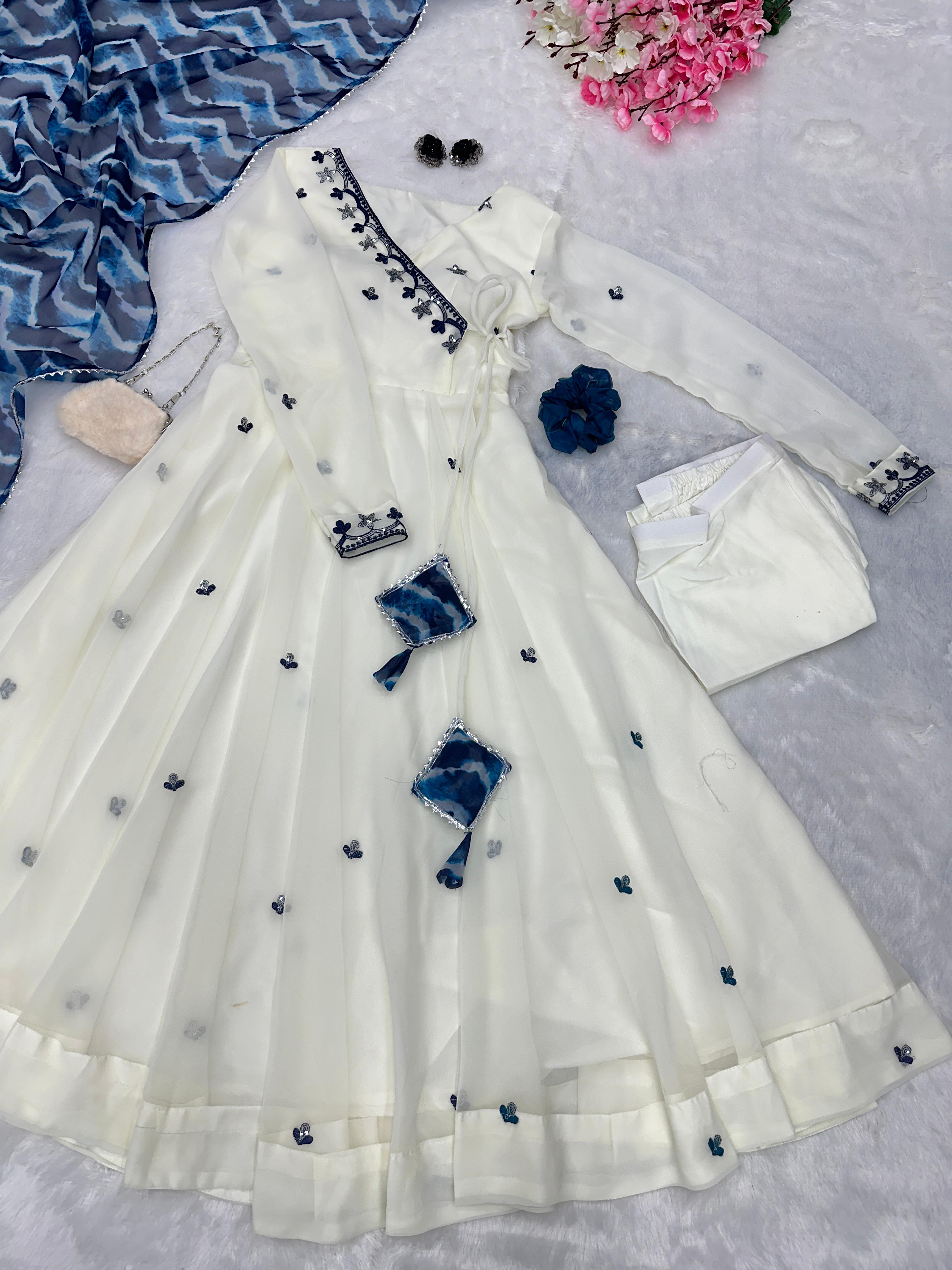 Opulent White Color Gown With Blue Dupatta