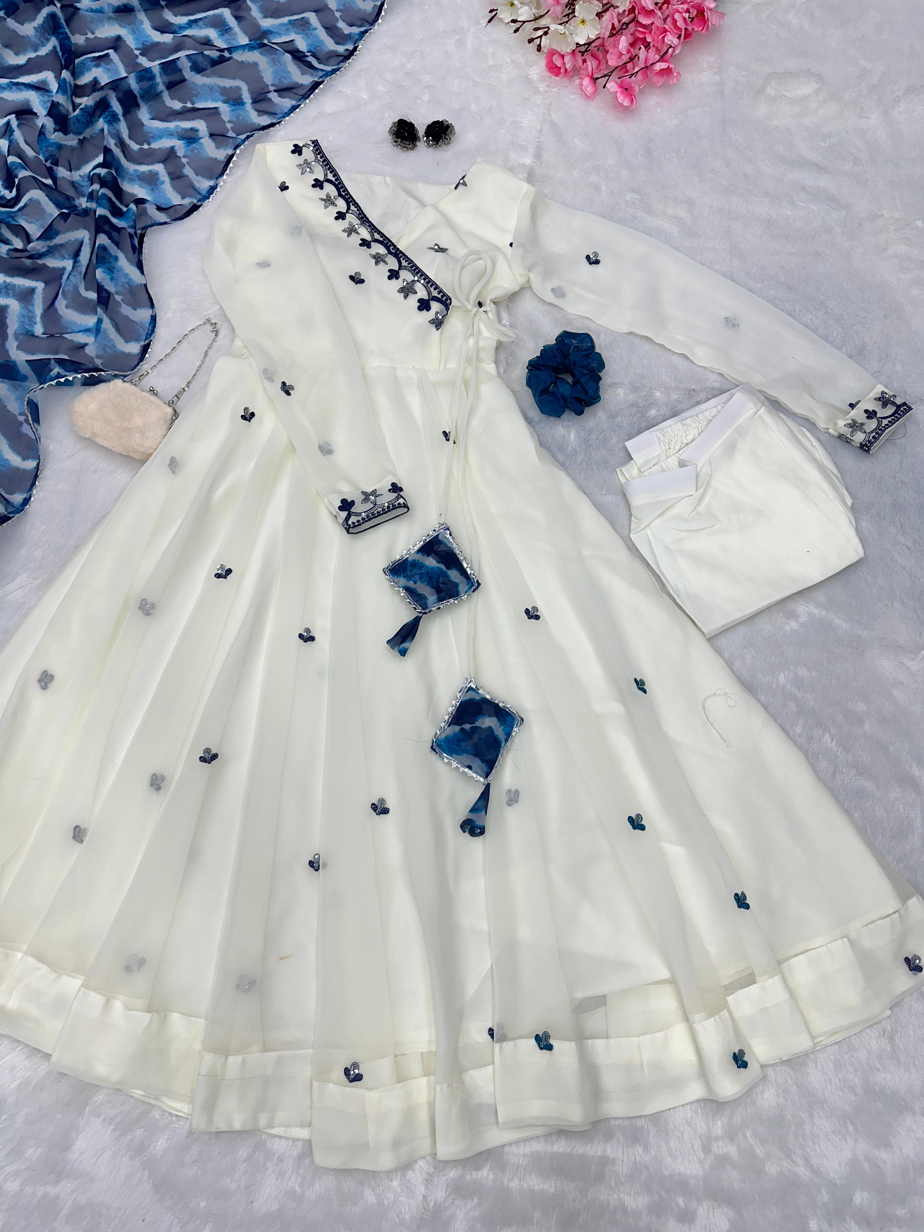 Opulent White Color Gown With Blue Dupatta