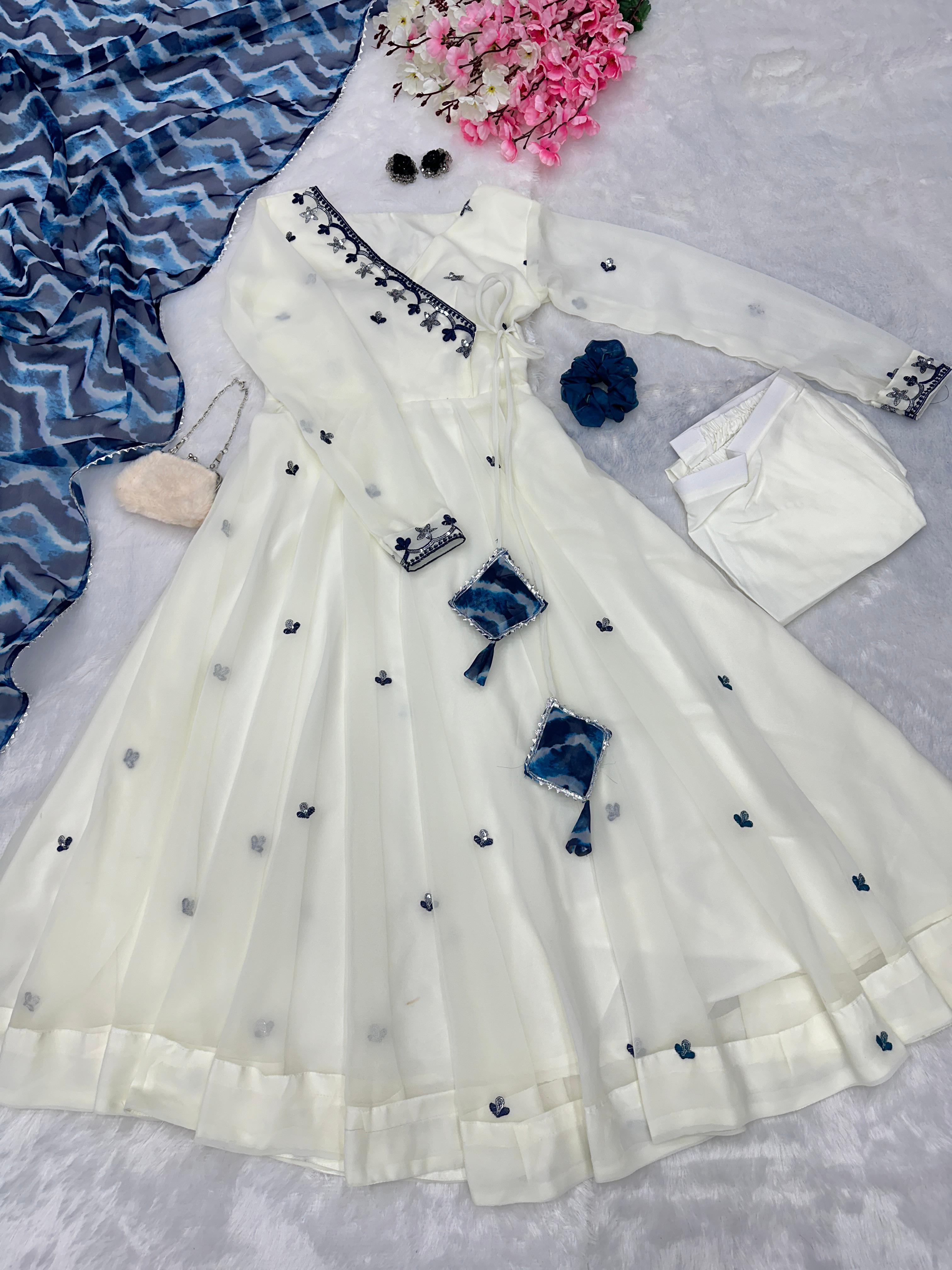 Opulent White Color Gown With Blue Dupatta