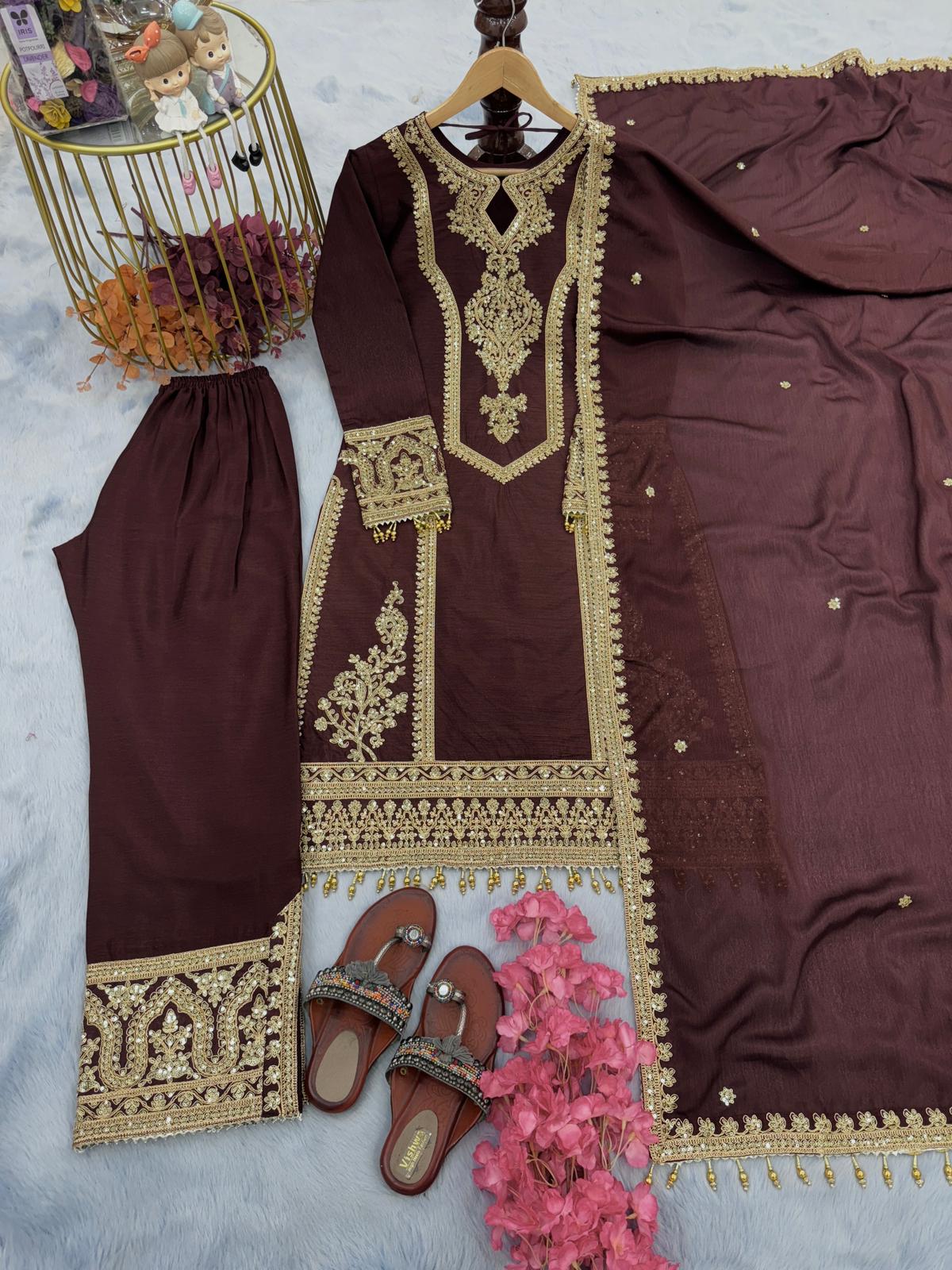 Innovative Coffee Color With Work Salwar Suit