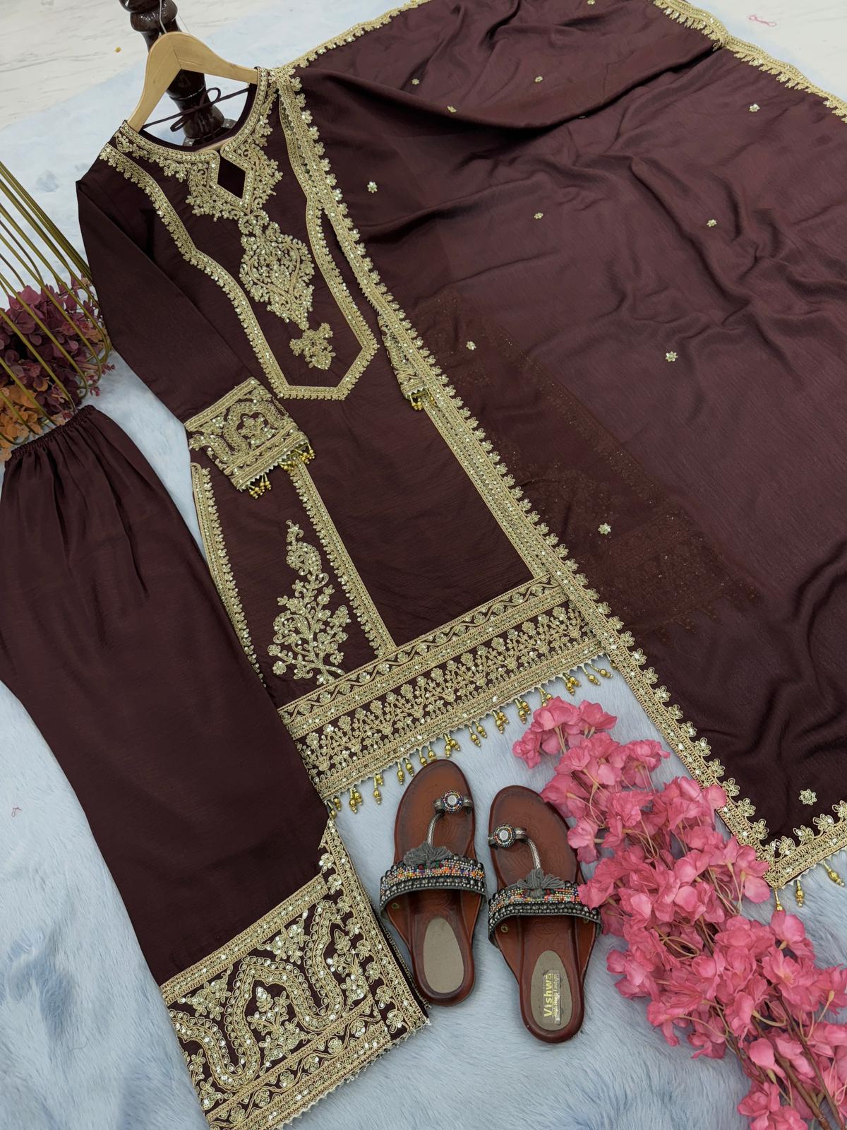 Innovative Coffee Color With Work Salwar Suit