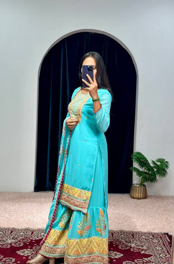 Mirror With Embroidery Work Sky Blue Color Sharara Suit