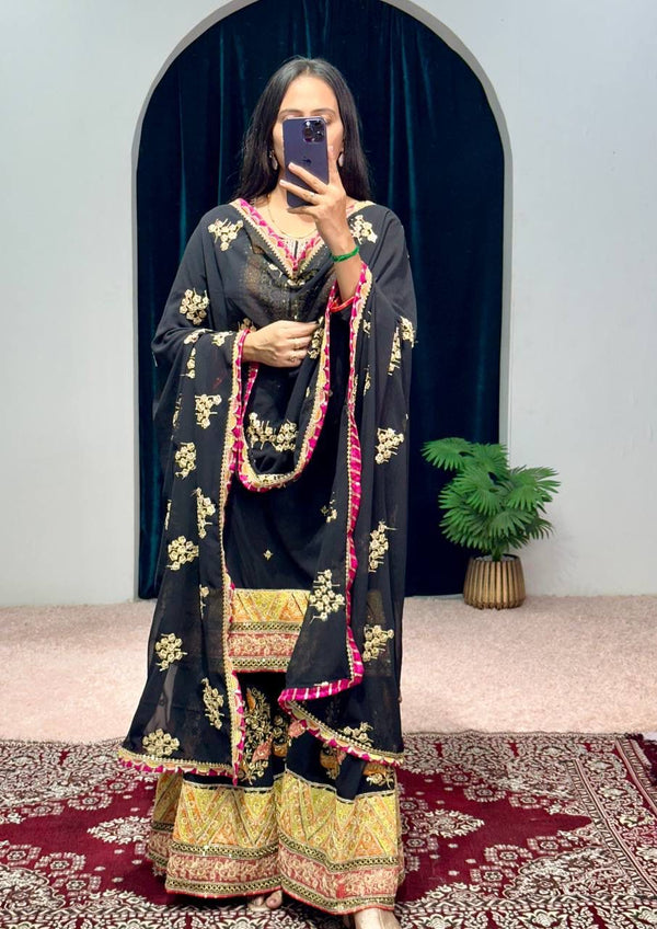 Mirror With Embroidery Work Black Color Sharara Suit