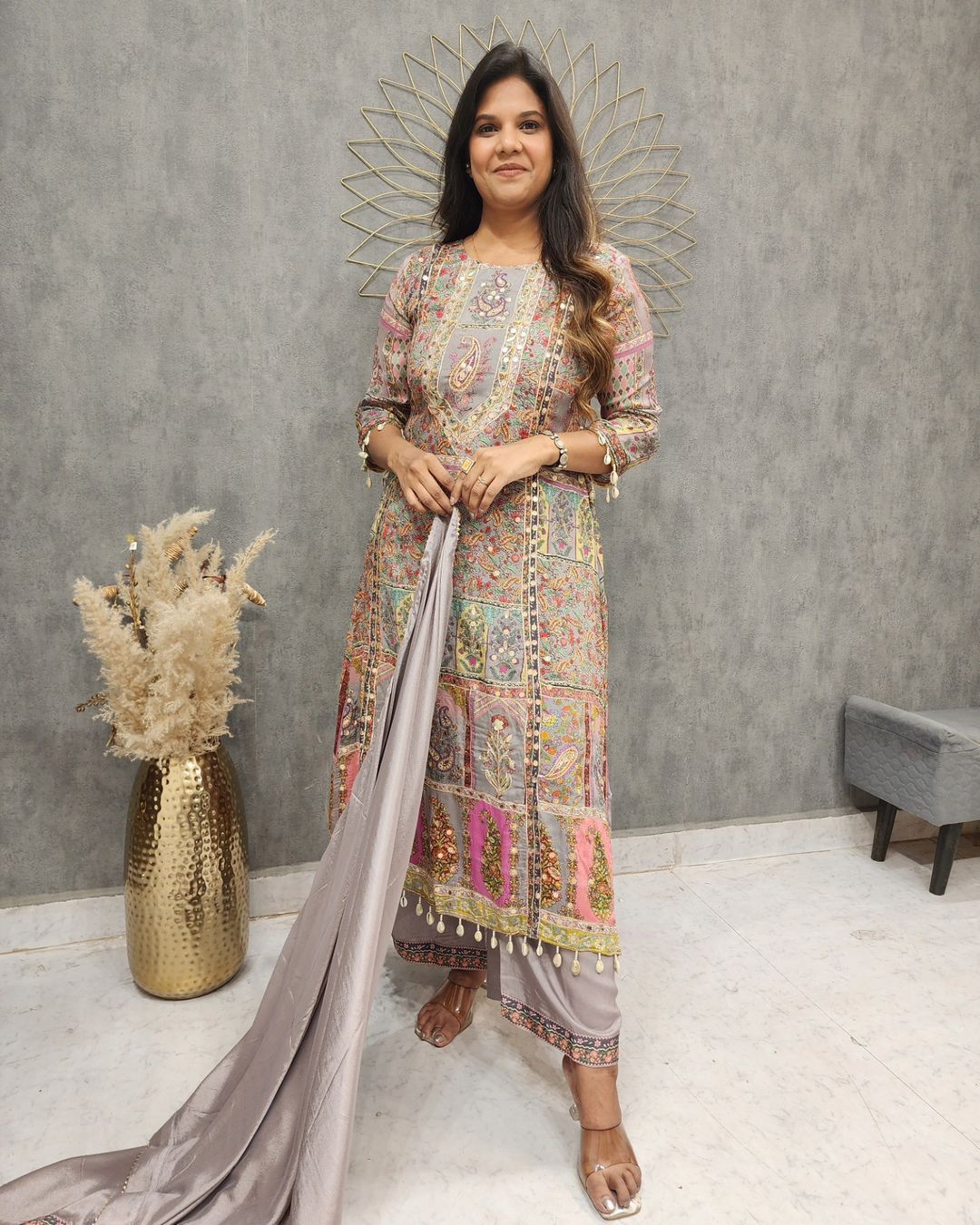 Imposing Grey Color Printed Palazzo Suit