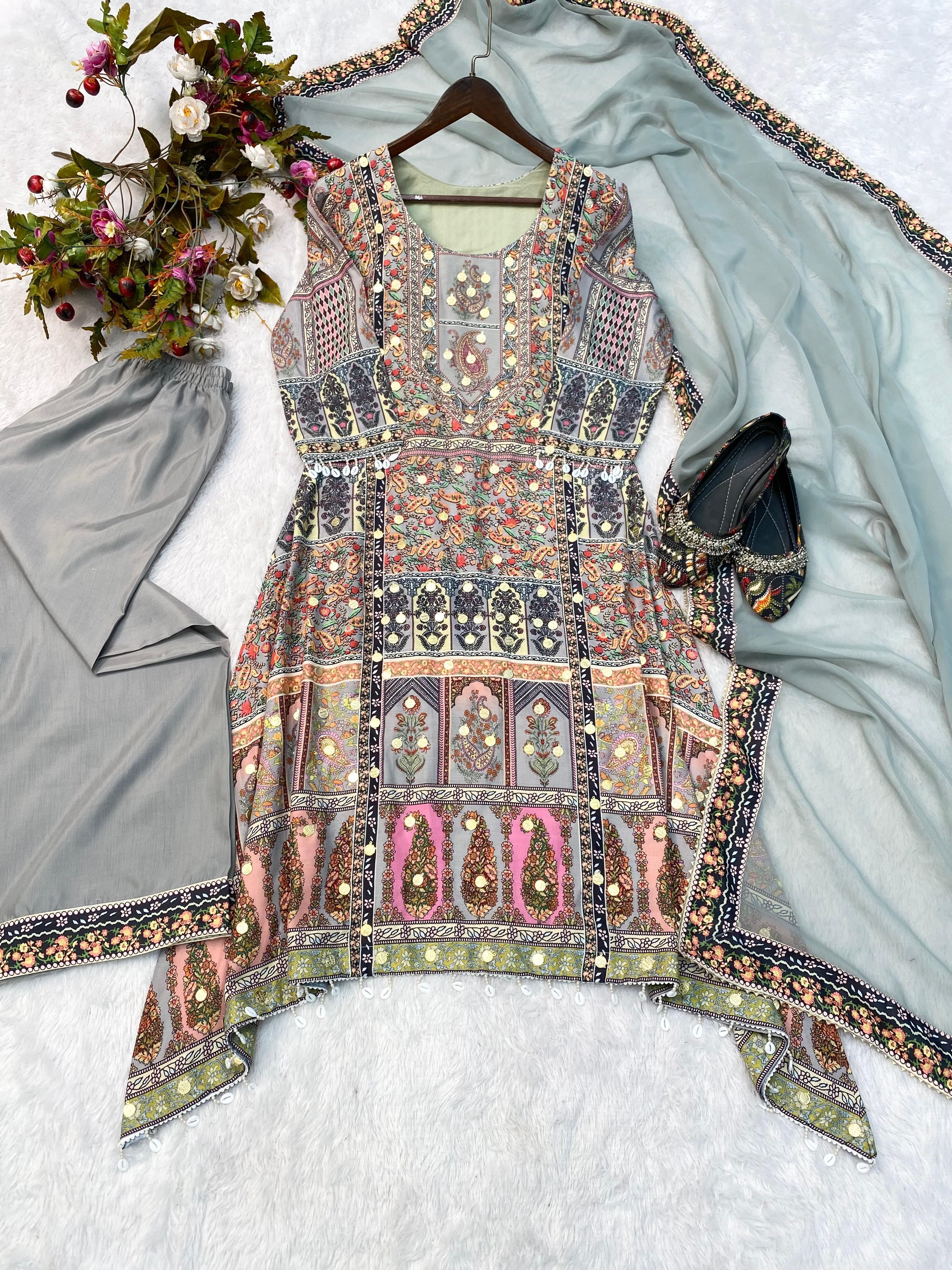 Imposing Grey Color Printed Palazzo Suit