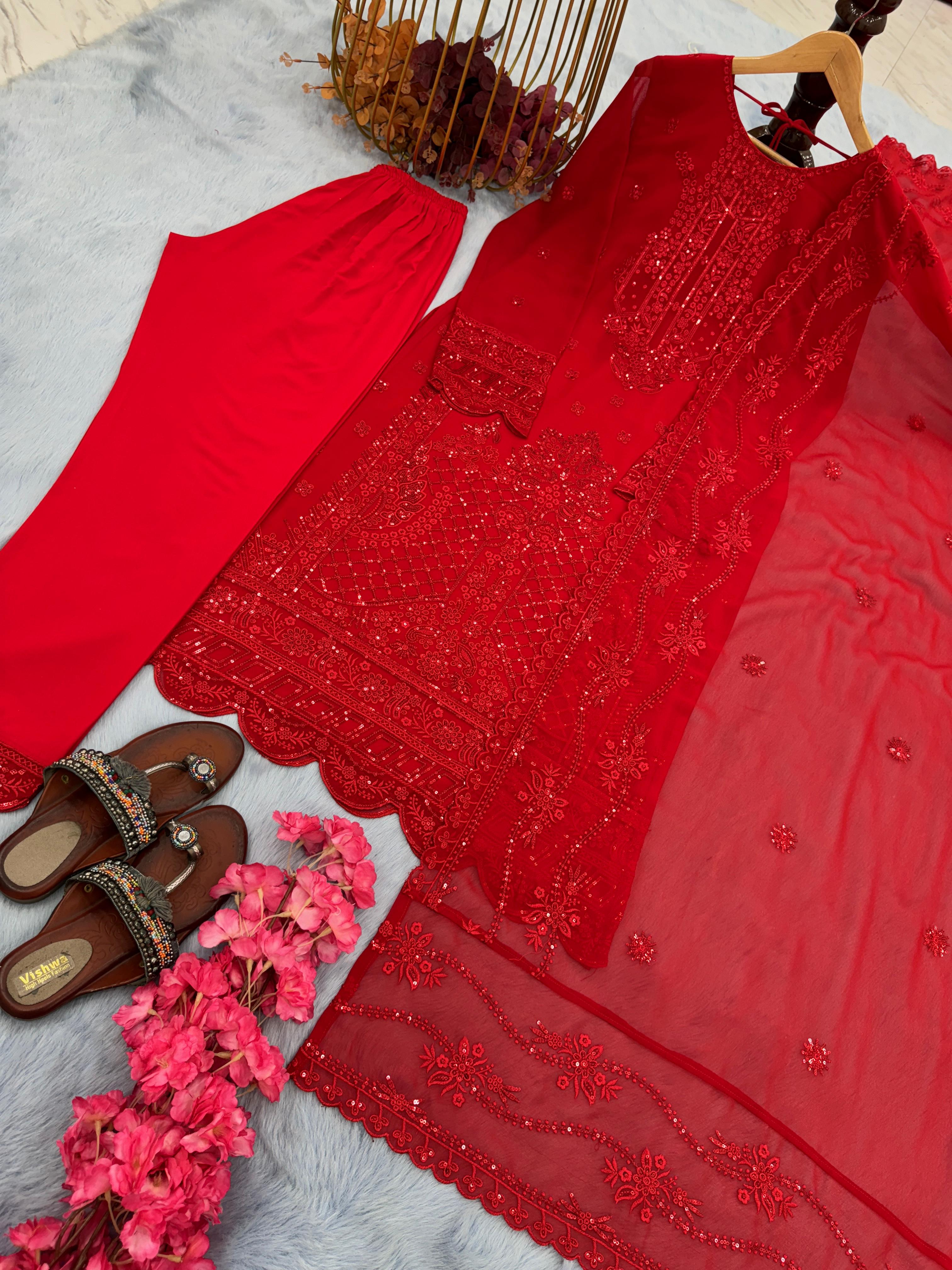 Lovely Red Color Embroidery Cutwork Salwar Suit