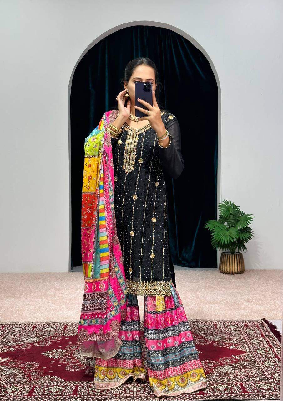 Black Color Suit With Multi Work Sharara and Dupatta