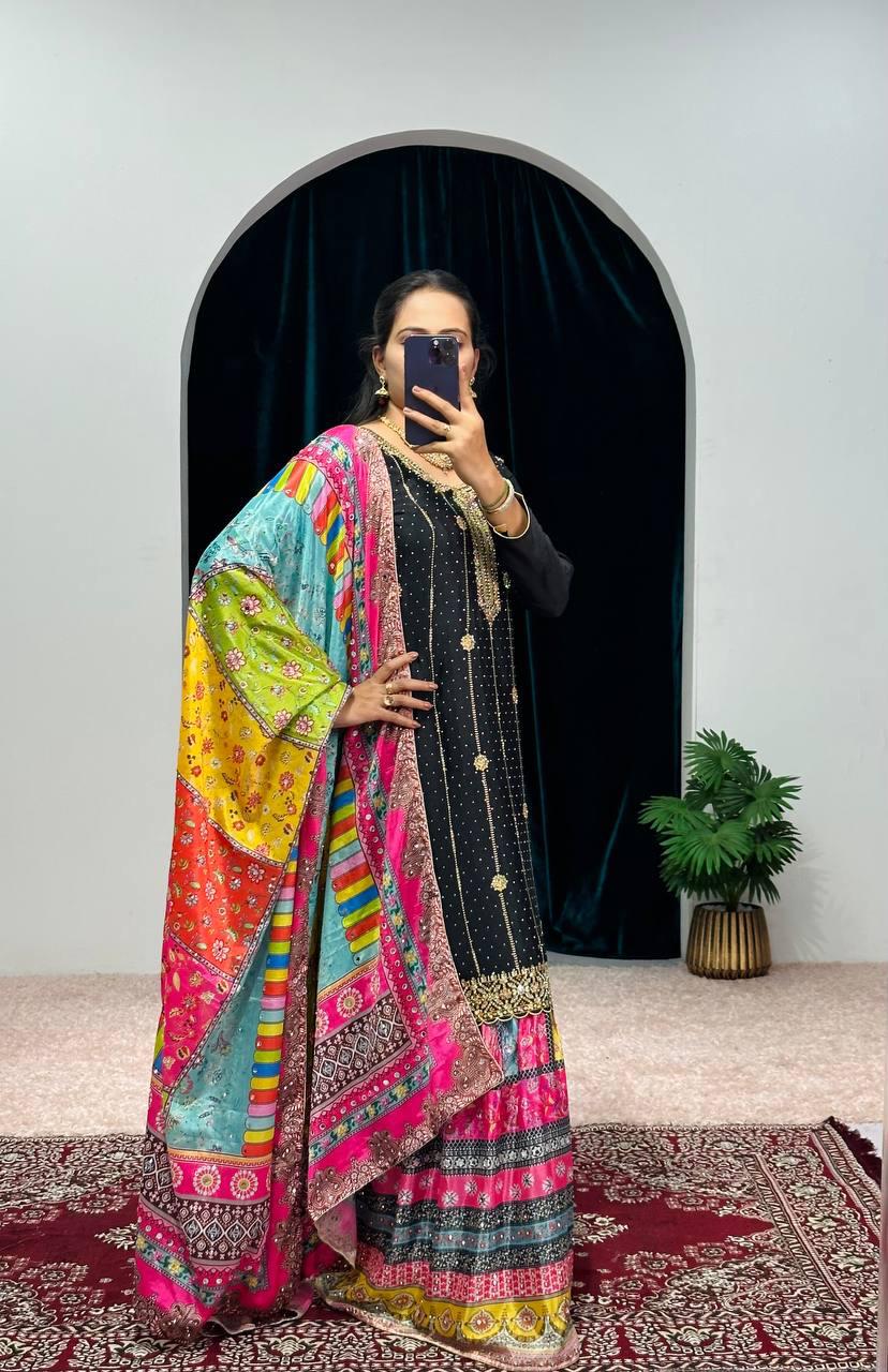 Black Color Suit With Multi Work Sharara and Dupatta