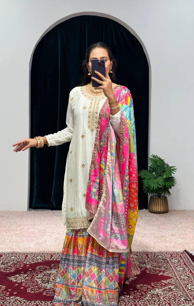 White Color Suit With Multi Work Sharara and Dupatta