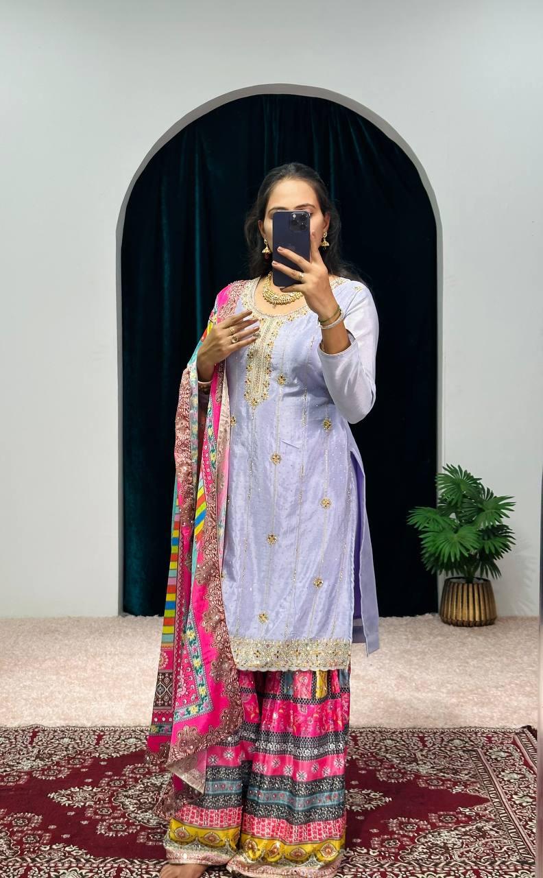 Lavender Color Suit With Multi Work Sharara and Dupatta