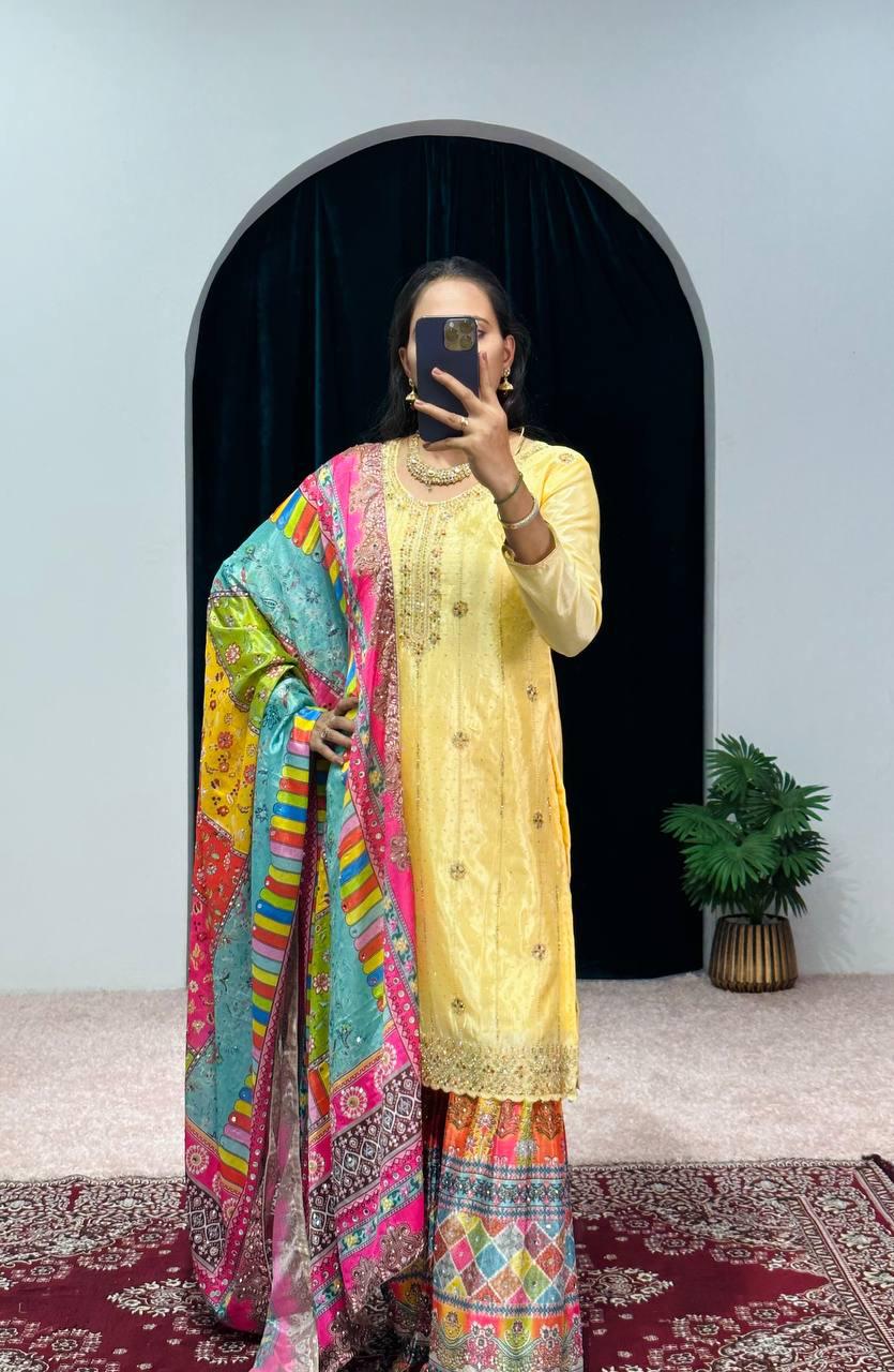 Yellow Color Suit With Multi Work Sharara and Dupatta