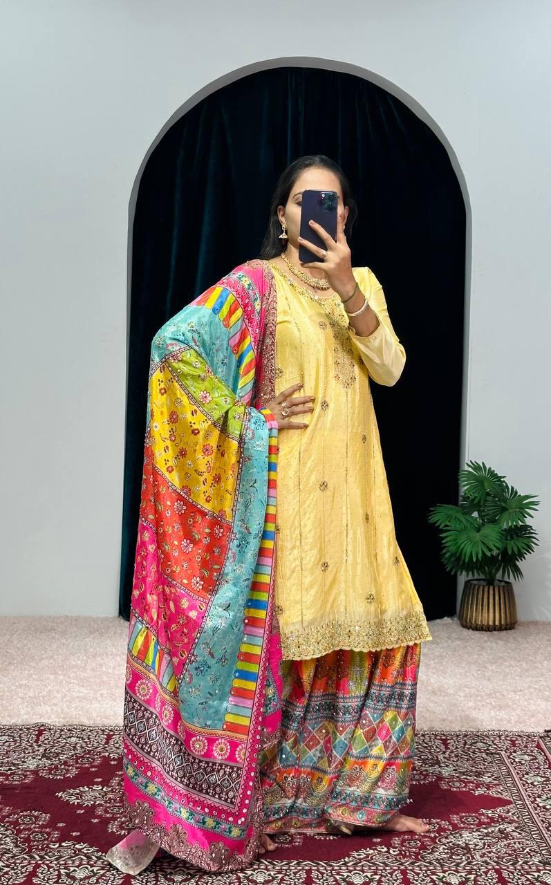 Yellow Color Suit With Multi Work Sharara and Dupatta