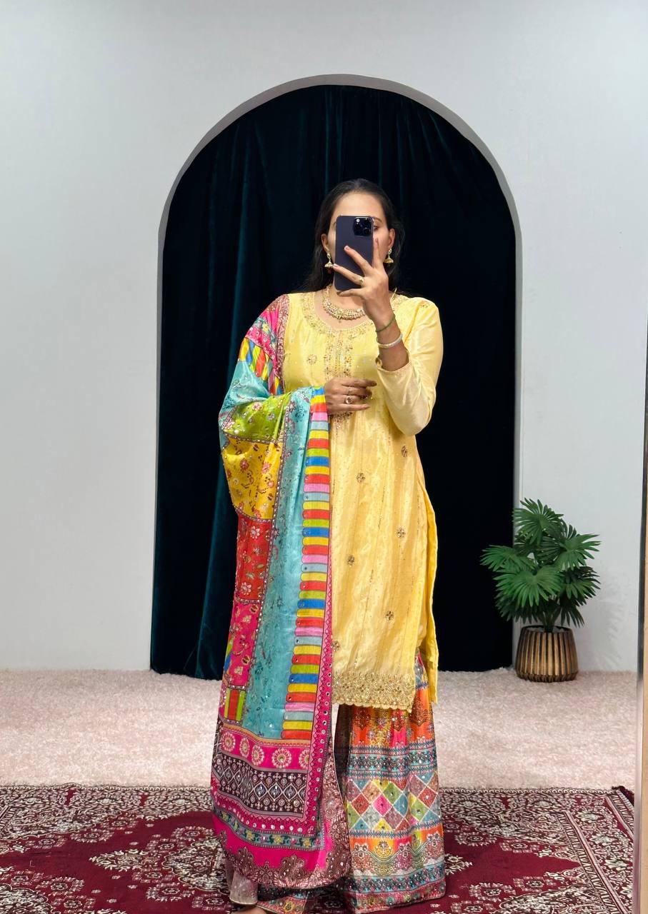 Yellow Color Suit With Multi Work Sharara and Dupatta