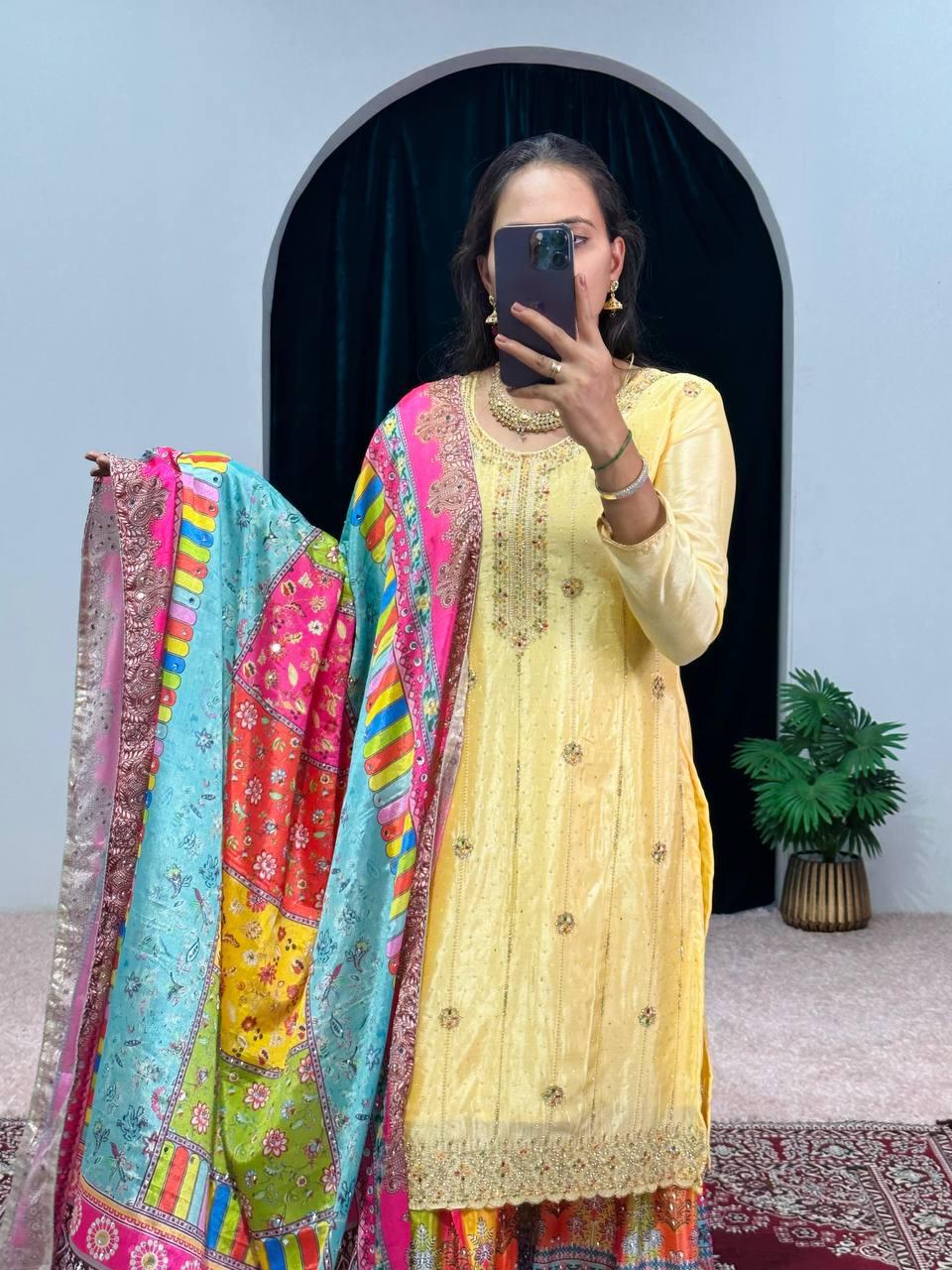 Yellow Color Suit With Multi Work Sharara and Dupatta